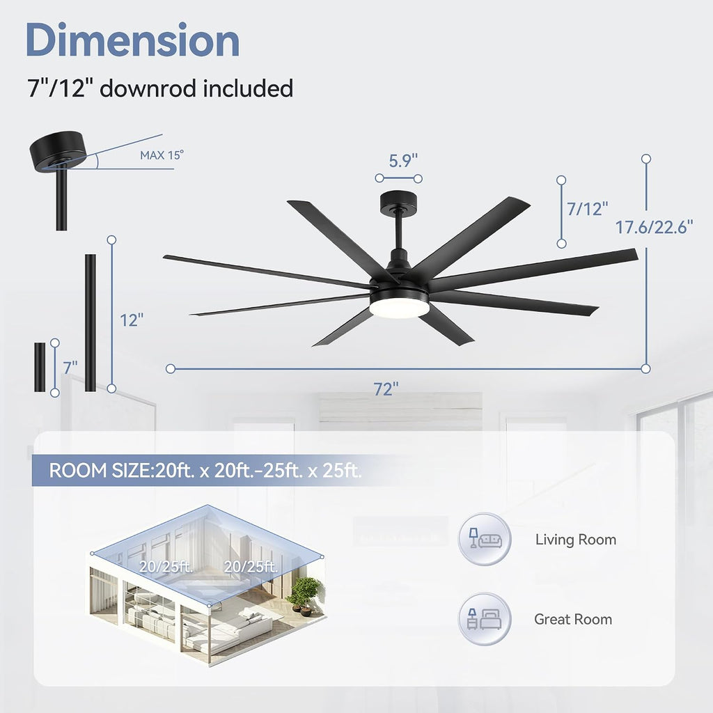 72 inch Ceiling Fans with Lights and Remote, 8 Reversible Blades, 6-Speed Quiet DC Motor, Timer, 3 Color LED Light, 2 Downrods, Industrial Black Indoor Ceiling Fan Fandeliers for Bedroom Living Room