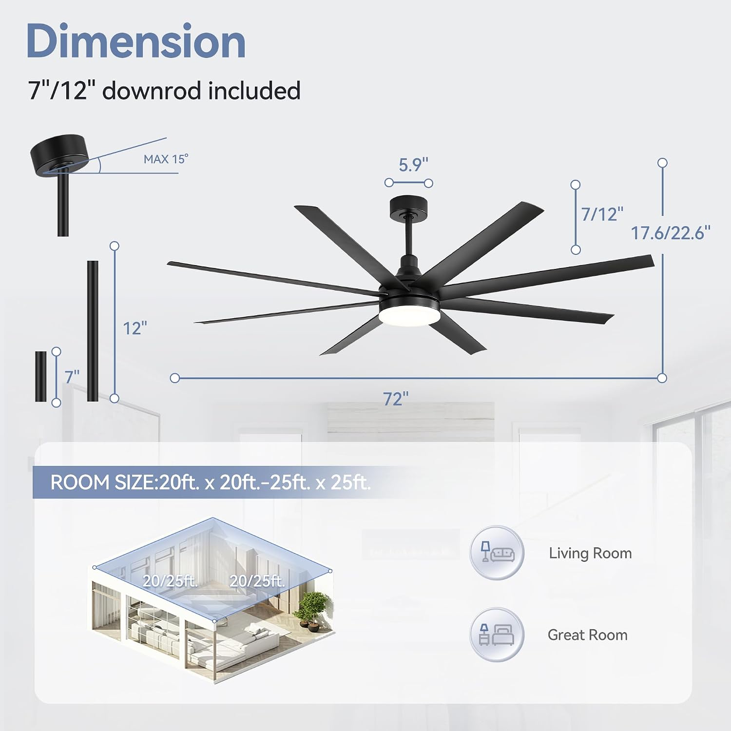 72 inch Ceiling Fans with Lights and Remote, 8 Reversible Blades, 6-Speed Quiet DC Motor, Timer, 3 Color LED Light, 2 Downrods, Industrial Black Indoor Ceiling Fan Fandeliers for Bedroom Living Room