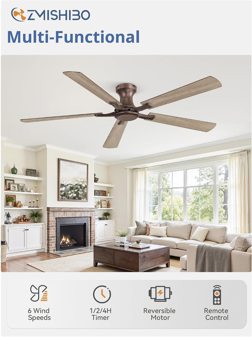 ZMISHIBO 60 Inch Ceiling Fan No Light, Flush Mount Low Profile, Farmhouse Brown Ceiling Fan Without Light, Remote Control & Quiet DC Motor, for Indoor&Outdoor, Bedroom, Living Room