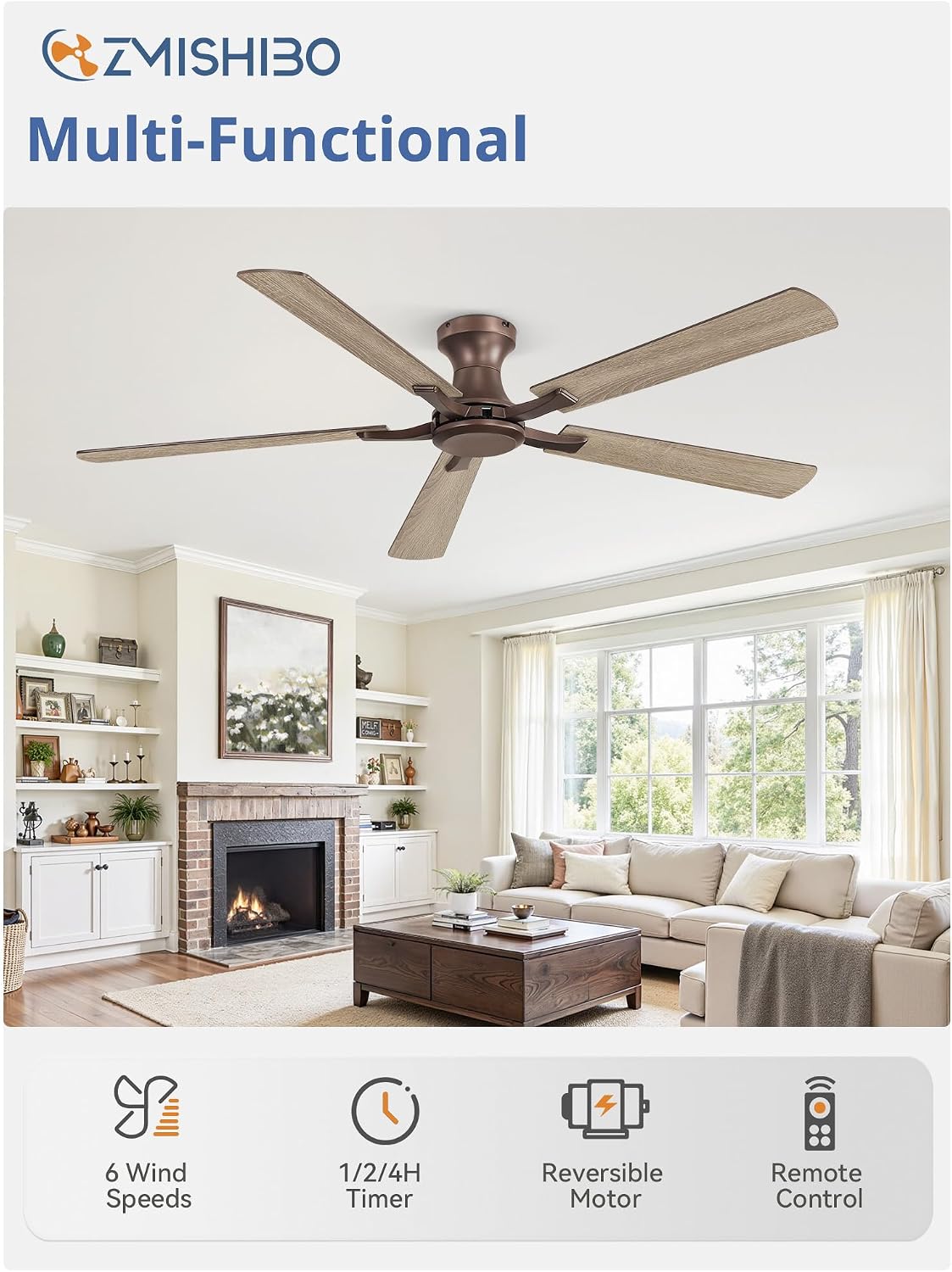 ZMISHIBO 60 Inch Ceiling Fan No Light, Flush Mount Low Profile, Farmhouse Brown Ceiling Fan Without Light, Remote Control & Quiet DC Motor, for Indoor&Outdoor, Bedroom, Living Room