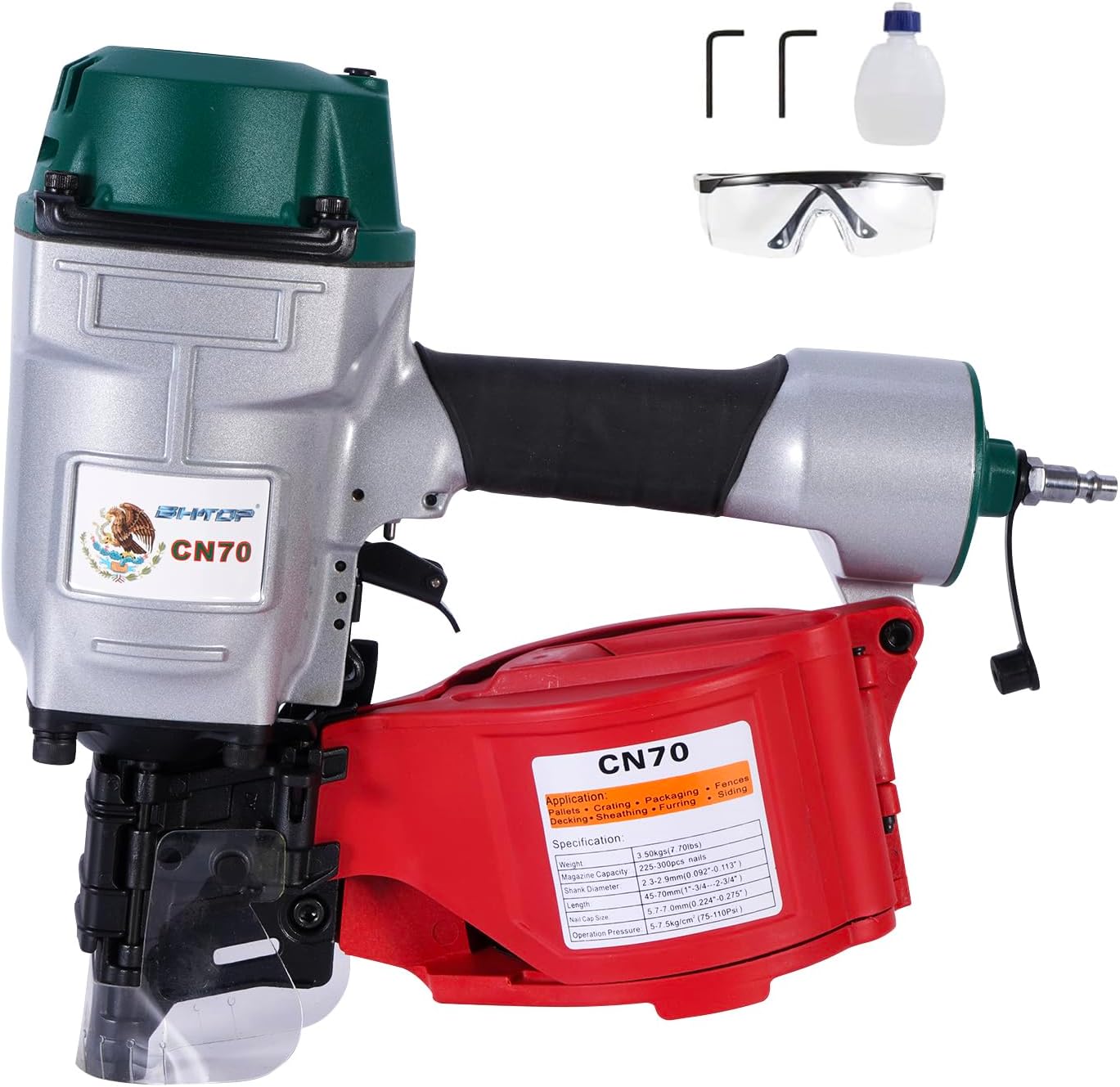 Mexican Style CN70 Coil Siding Nail Gun, 15 Degree Pneumatic Siding Nailer, 1-3/4' to 2-3/4' Coil Siding Nailer for Siding Sheathing Wooding Fencing Decking