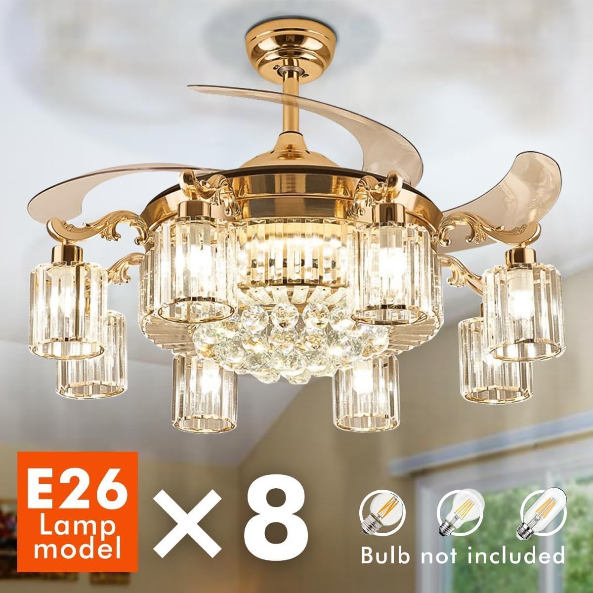 42' Modern Fandelier Ceiling Fan with Light and Remote, Gold Crystal Chandelier Fan with 8-Light Reversible Blade 6 Speed Change Silent Motor for Living Dining Room