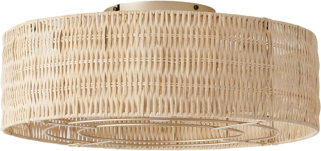Caged Ceiling Fans with Lights Flush Mount, 20' Rattan Boho Ceiling Fan with Light Remote Control, Enclosed with 6 Speeds for Bedroom, Nursery, Living Room (Beige)