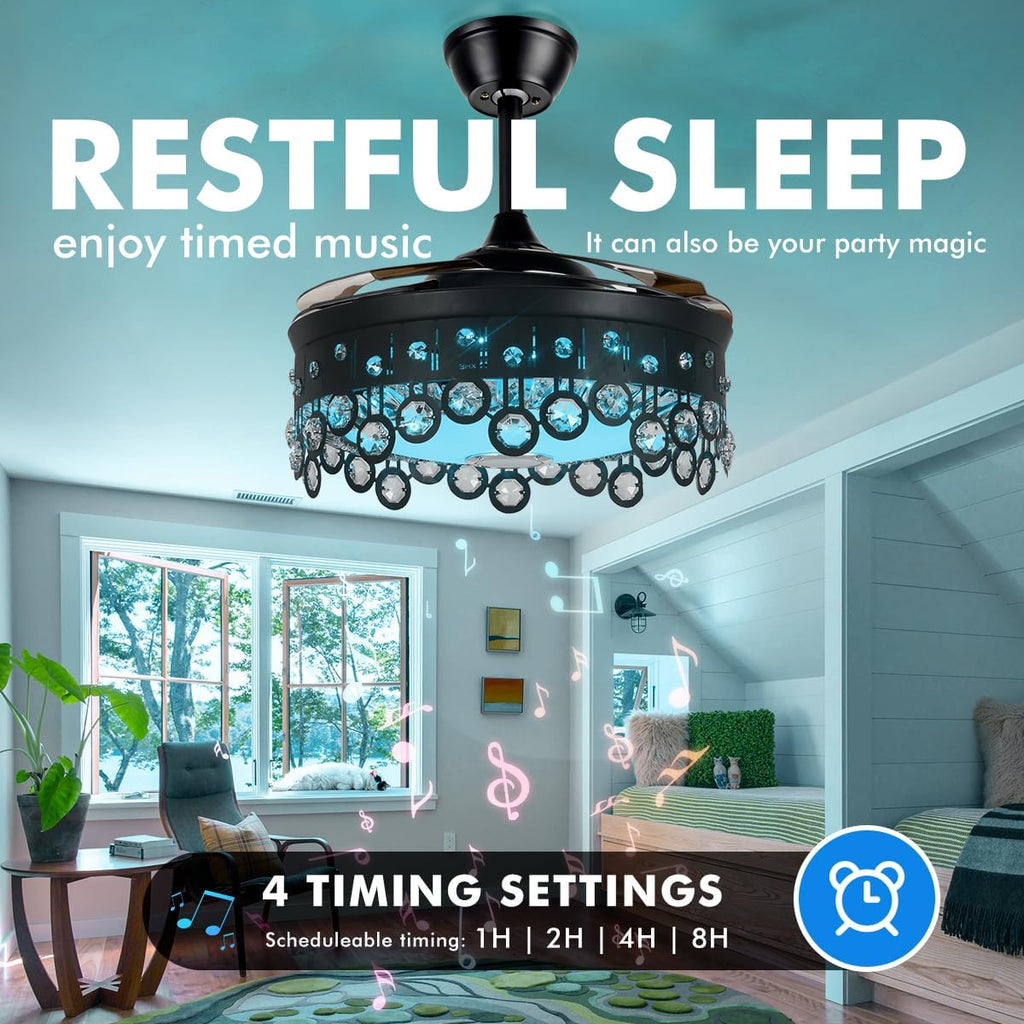 A Million Crystal Ceiling Fan with Lights Smart Bluetooth Music Player, 42 Inch LED Dimmable Remote Control Retractable Invisible Blades Indoor Ceiling Fan for Living Room Black
