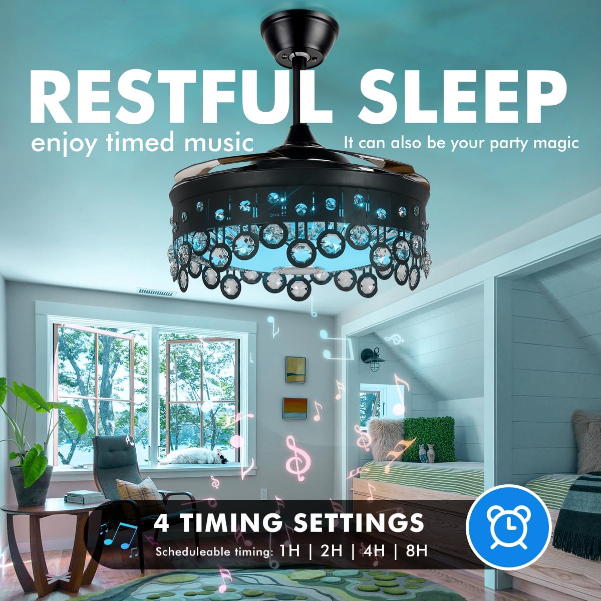 A Million Crystal Ceiling Fan with Lights Smart Bluetooth Music Player, 42 Inch LED Dimmable Remote Control Retractable Invisible Blades Indoor Ceiling Fan for Living Room Black