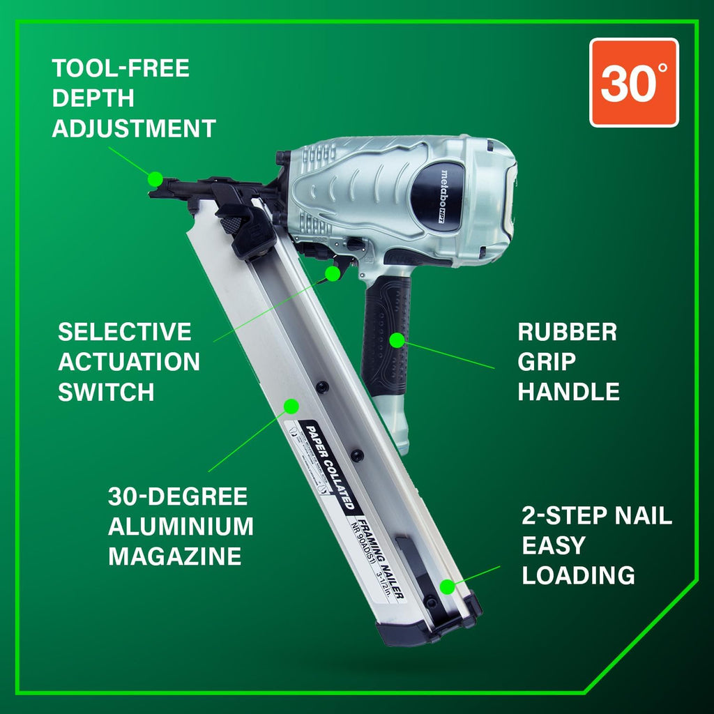 Metabo HPT Framing Nailer, Pro-Preferred Framing Tool for Flooring, Truss Build-Up, Roof Decking, and Housing Construction, Quick Switch Nailing, 3-1/2' 30° Paper Collated Nails, NR90ADS1