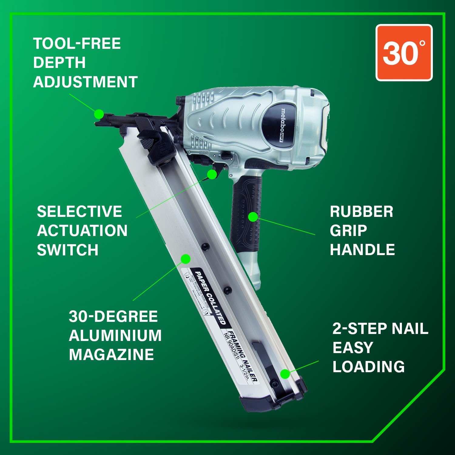 Metabo HPT Framing Nailer, Pro-Preferred Framing Tool for Flooring, Truss Build-Up, Roof Decking, and Housing Construction, Quick Switch Nailing, 3-1/2' 30° Paper Collated Nails, NR90ADS1