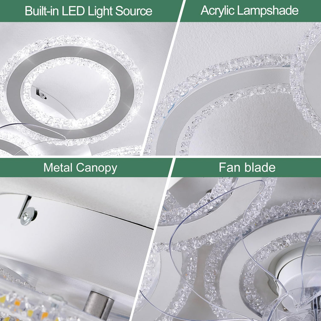 Yfrest Ceiling Fan with Light and Remote, White Low Profile Ceiling Fans with Lights, Flush Mount Ceiling Fan with 3 Light Color 6 Speeds, Fandelier Ceiling Fan for Kitchen Living Room 7-Ring