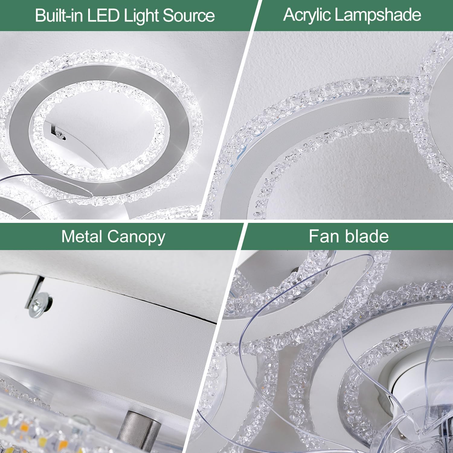 Yfrest Ceiling Fan with Light and Remote, White Low Profile Ceiling Fans with Lights, Flush Mount Ceiling Fan with 3 Light Color 6 Speeds, Fandelier Ceiling Fan for Kitchen Living Room 7-Ring
