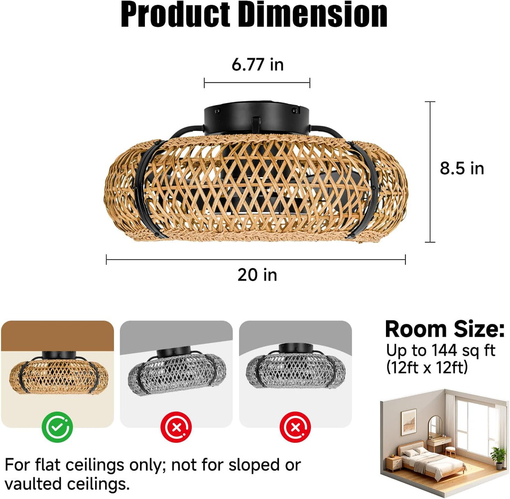 ocioc 20' Fandelier Ceiling Fans with Lights and Remote,Caged Ceiling Fan with Light,Flush Mount Low Profile,Bladeless,Quiet Reversible DC Motor,Boho Rattan Ceiling Fan for Bedroom,Living Room