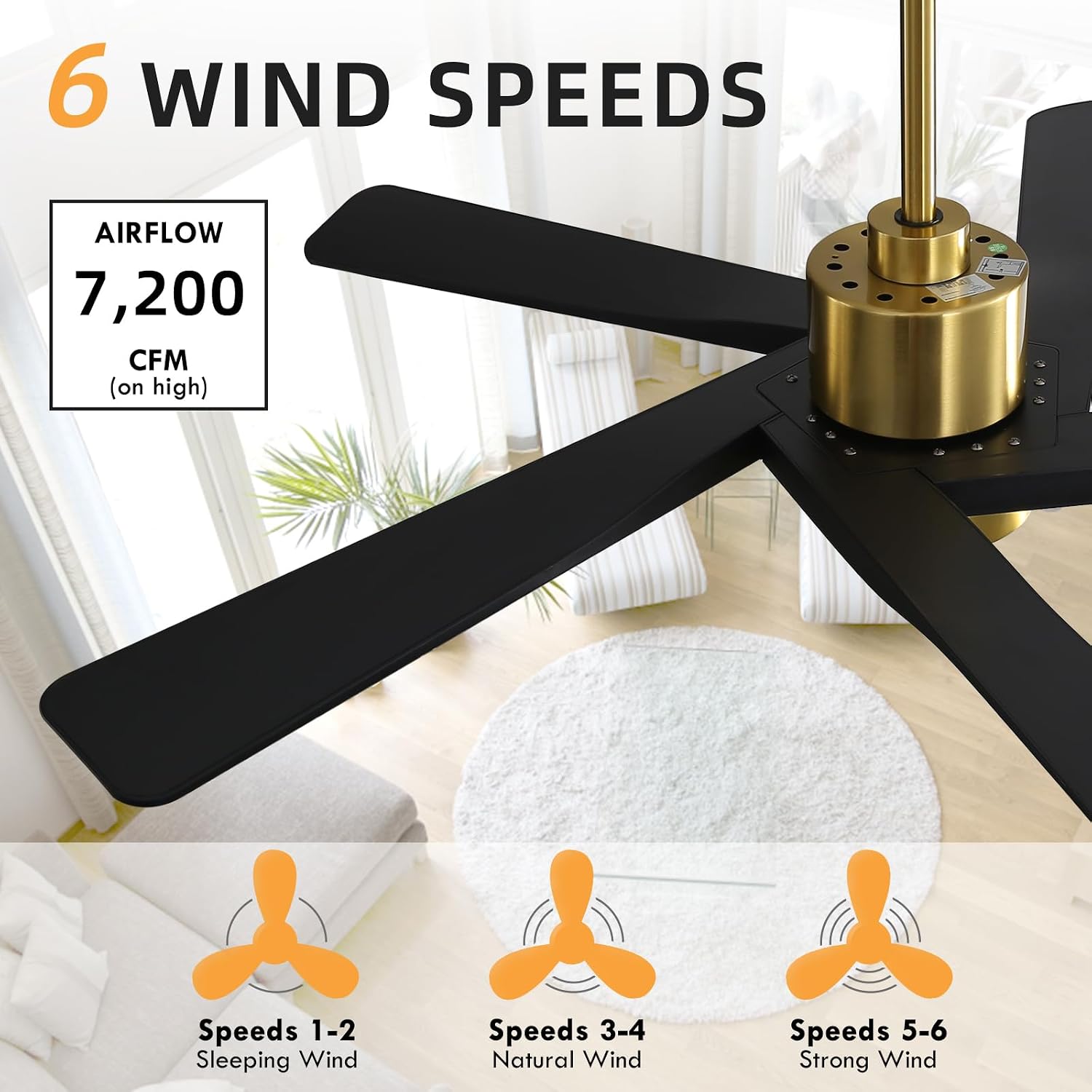 WINGBO 64' ABS DC Ceiling Fan with Lights, 5 Blade ABS Plastic Ceiling Fan with Remote, 6-Speed Reversible DC Motor, LED Ceiling Fans for Kitchen Bedroom Living Room, Brass and Matte Black