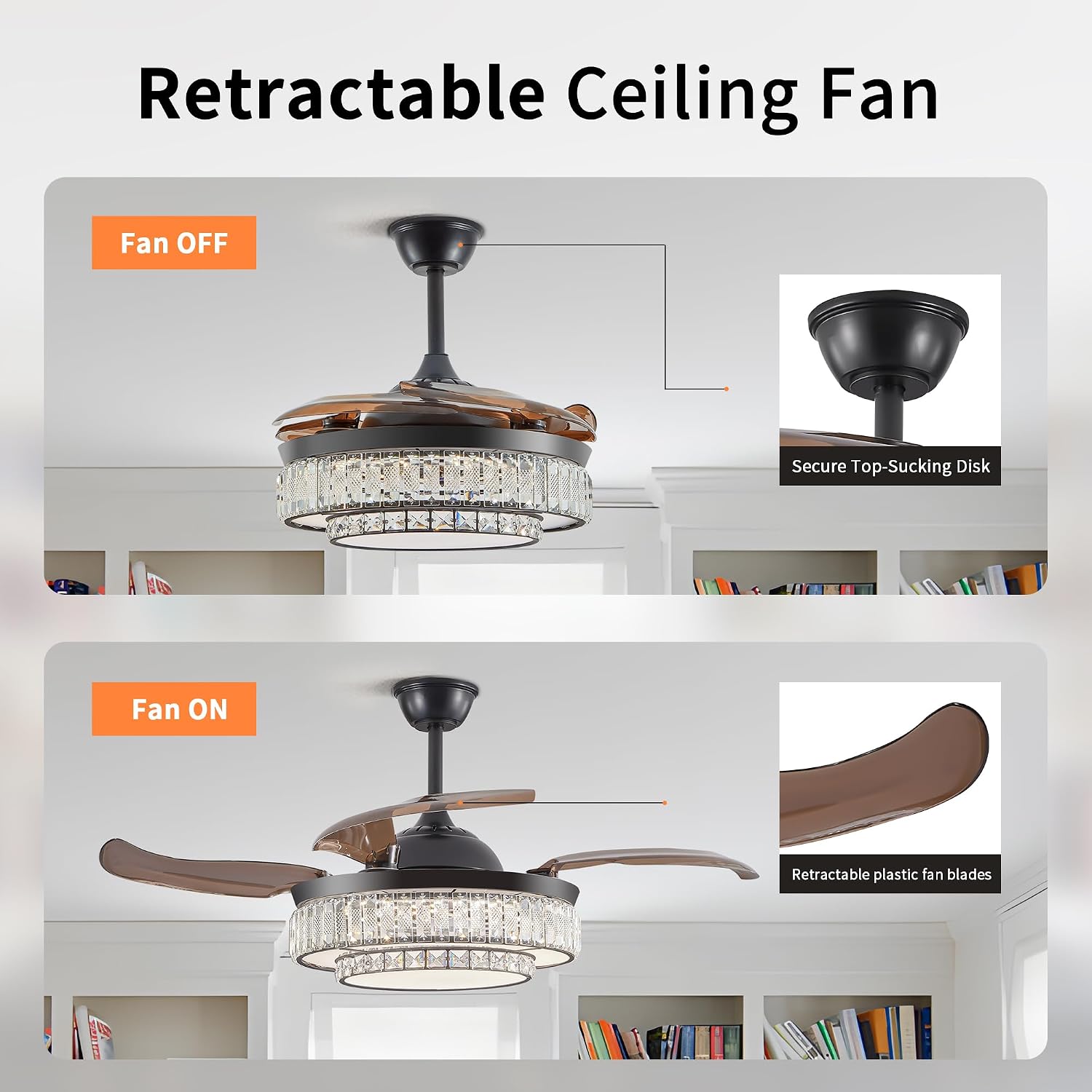 48 Inch Invisible Crystal Chandelier Fan with Remote Control, Modern Retractable Ceiling Fan Light, Black Fandelier for Bedroom, Living Room, Home Decor