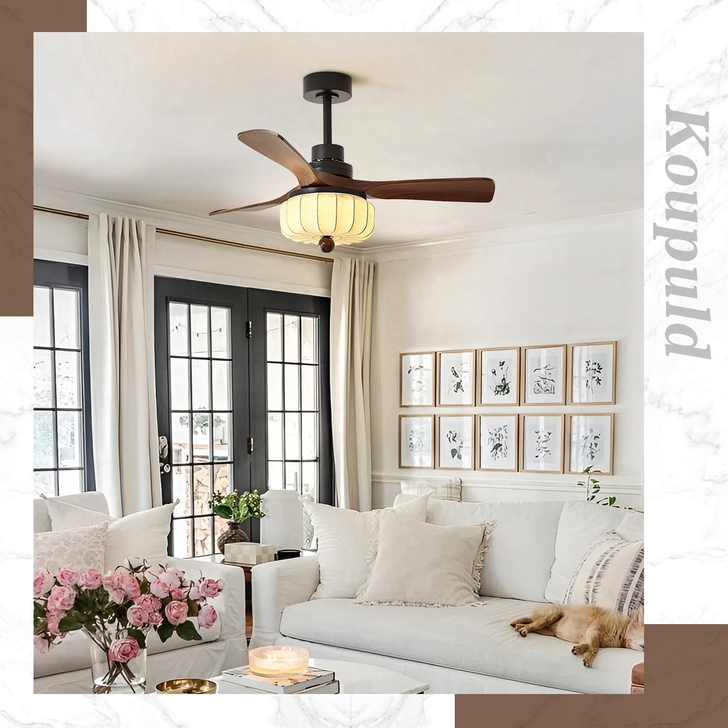 Large Japanese Silk Fabric Ceiling Light Wabi Sabi Round Ceiling Fan with Light Fandelier Ceiling Fan Light with Remote Control 6 Speed Reversible Vintage Flush Mount LED Ceiling Fans Lights