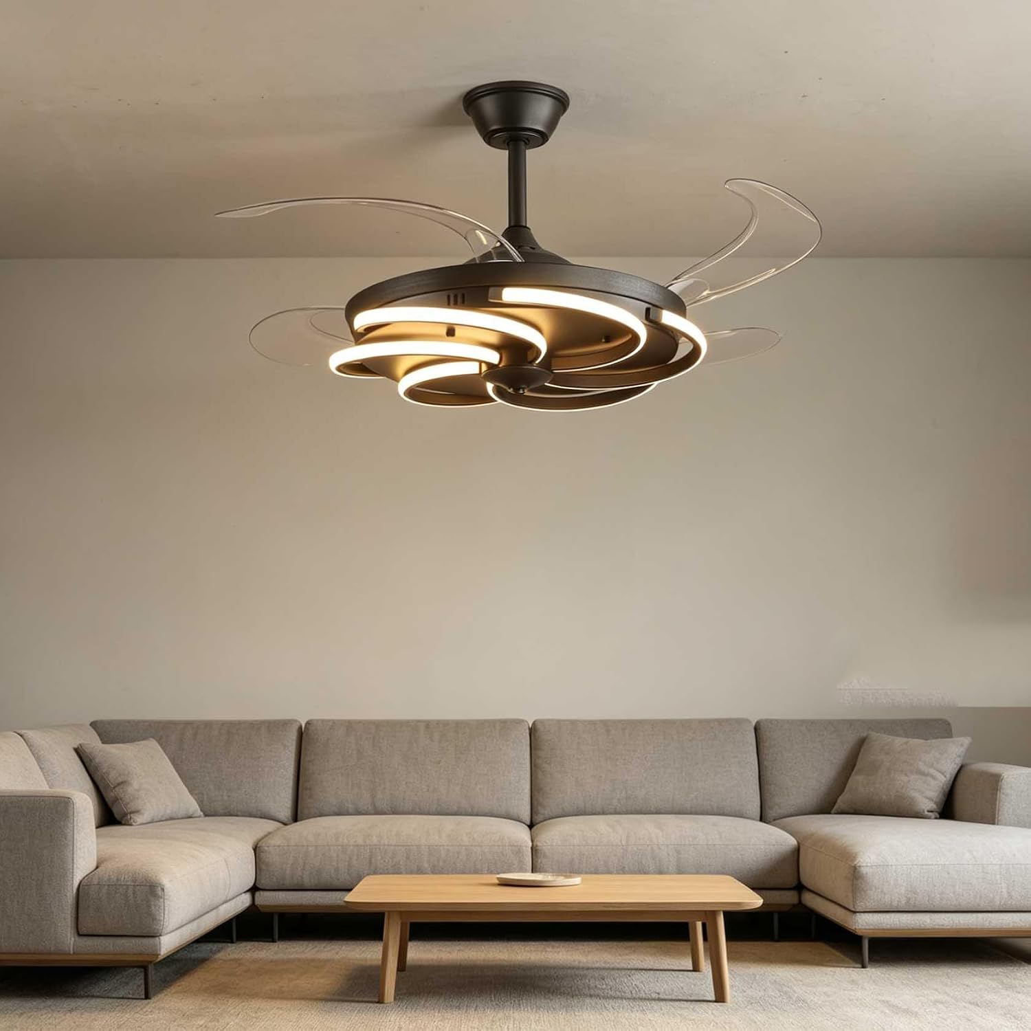 42' Retractable Ceiling Fan with Lights Modern Fandelier Fan Light with Remote Bladeless Fan Ceiling Light for Bedroom Living Room 6 Speed Black (Black RFL25012)
