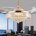 52'' Crystal Ceiling Fan with Light and Remote,Modern Gold Fandelier with Invisible Retractable Blades,Dimmable Chandelier Ceiling Fan for Bedroom Living Room Dining Room