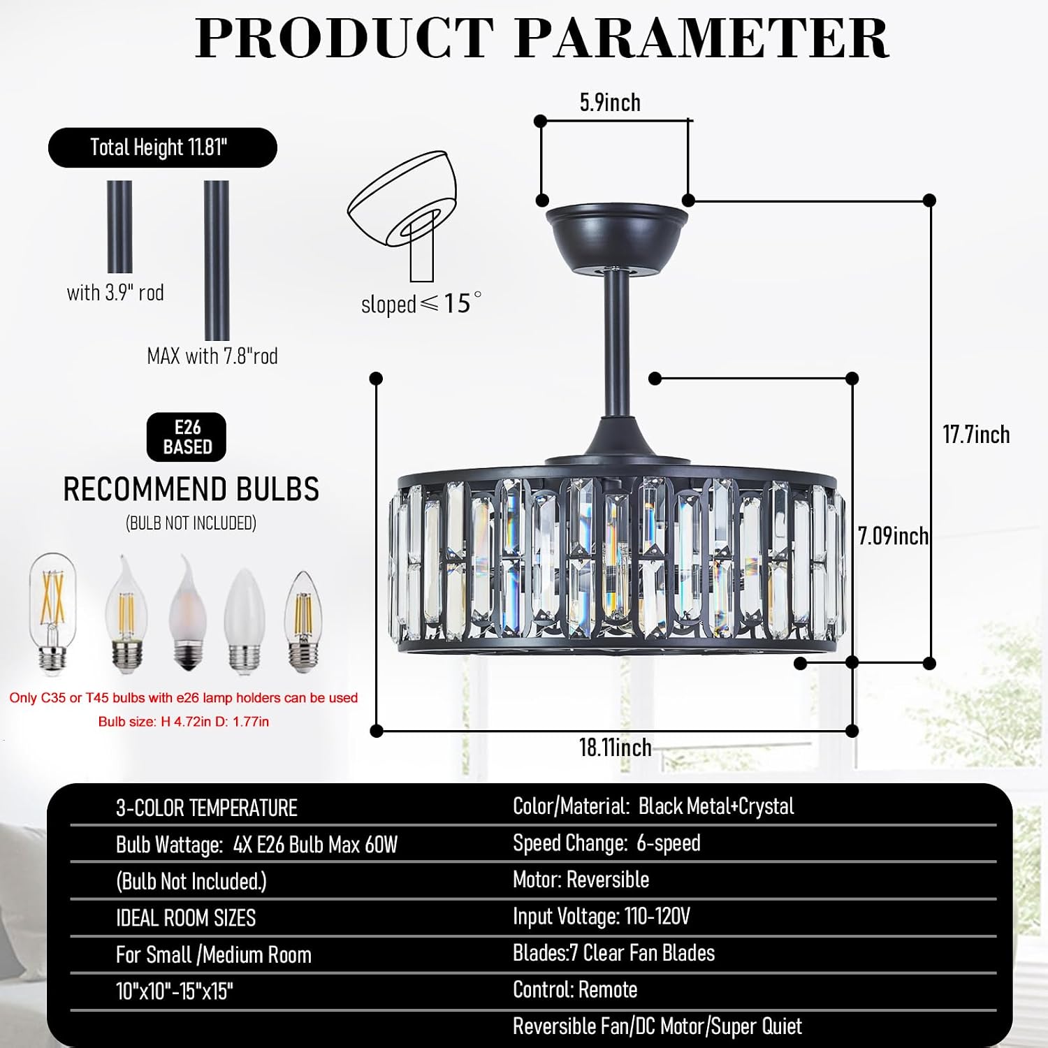 18.2' Modern Crystal Ceiling Fan with Light Black Crystal Fandelier Light Caged Ceiling Fan Light with Remote Reversible Industrial Chandelier Fan for Bedroom Living Room Dining Room Entry foryer