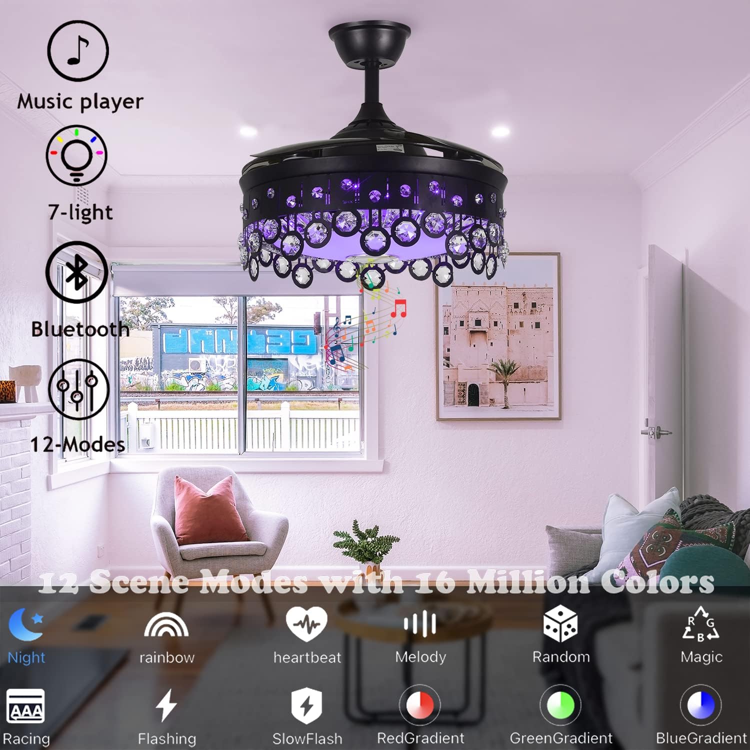 Fandian Retractable Ceiling Fan with Light, Modern 42' Bluetooth Speaker Dimmable Tunable 7 Color Lighting Black Chandelier Ceiling Fan Fandelier with Remote Control for Living Bedroom