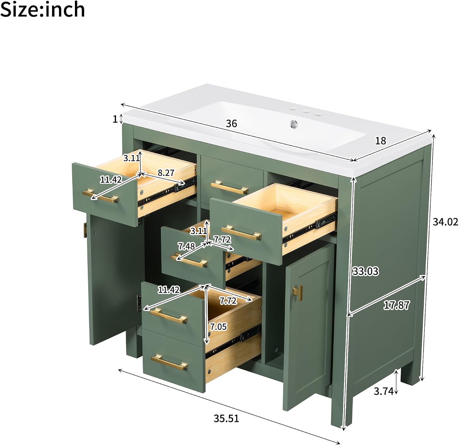 Merax 36' Bathroom Vanity with Sink, Freestanding Modern Bathroom Vanity Cabinet with Sink Top, 4 Drawers and 2 Storage Cabinets, Solid Wood Frame, Painted Finish