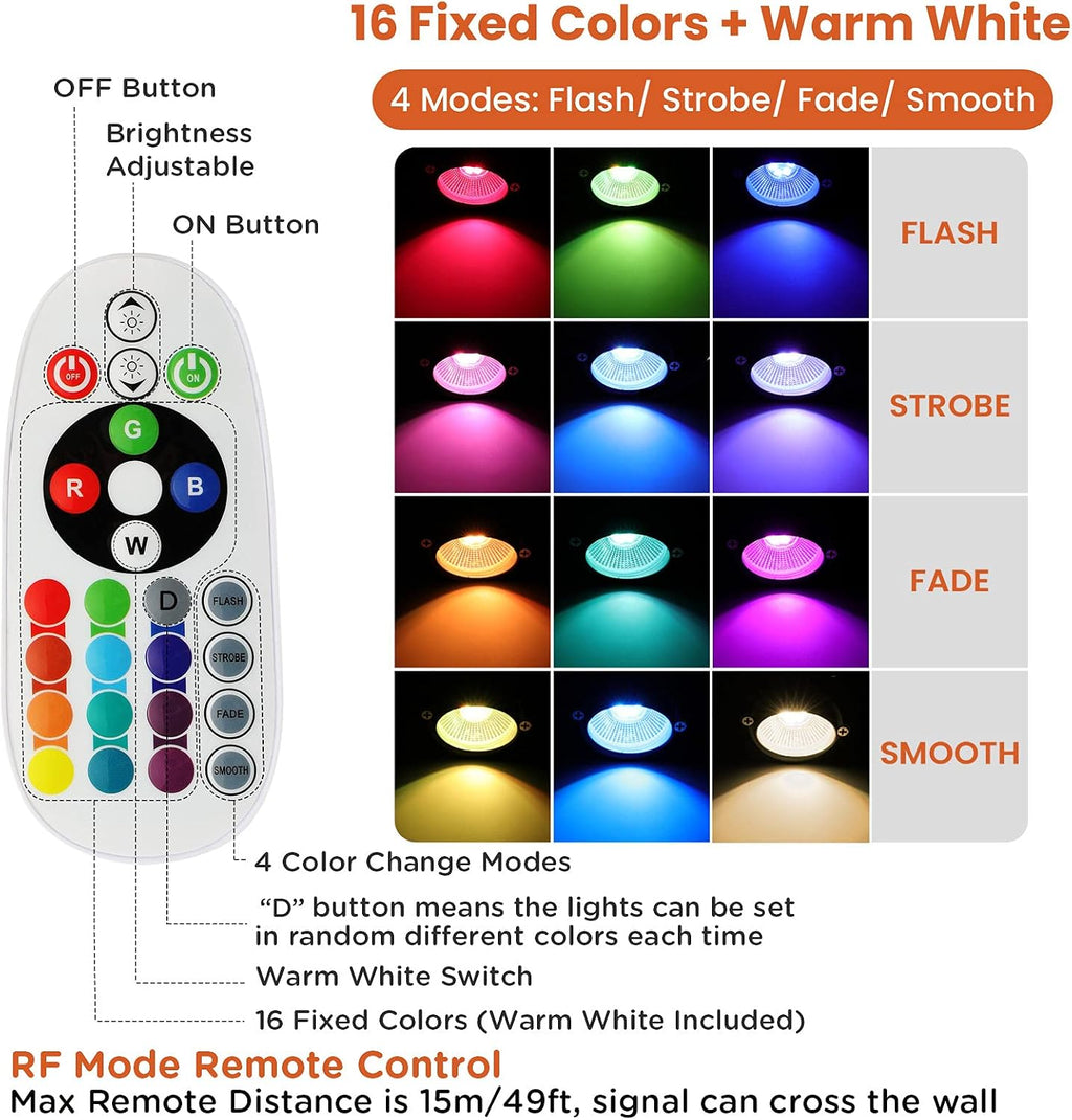 Low Voltage Landscape Lights 10W RGBW Warm White LED Well Landscape Lighting Remote Control IP67 Waterproof Outdoor 12V-24V Pathway Deck Ground Lights(10Pack with Connectors)