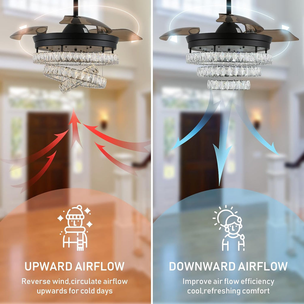 42' Black Fandeliers with Lights Dimmable LED Crystal Ceiling Fan Individual 3 LED Color Change with Timi Memory Function