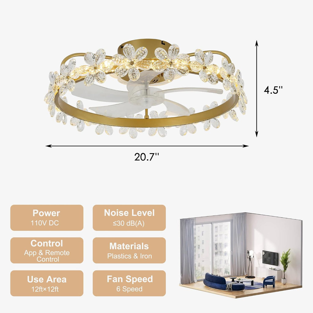 22' Gold Crystal Fandelier Ceiling Fans with Lights,Gold Flower Ceiling Fan with Light Remote Control, Low Profile Flush Mount Ceiling Fan for Girl's Bedroom, Kid's Room