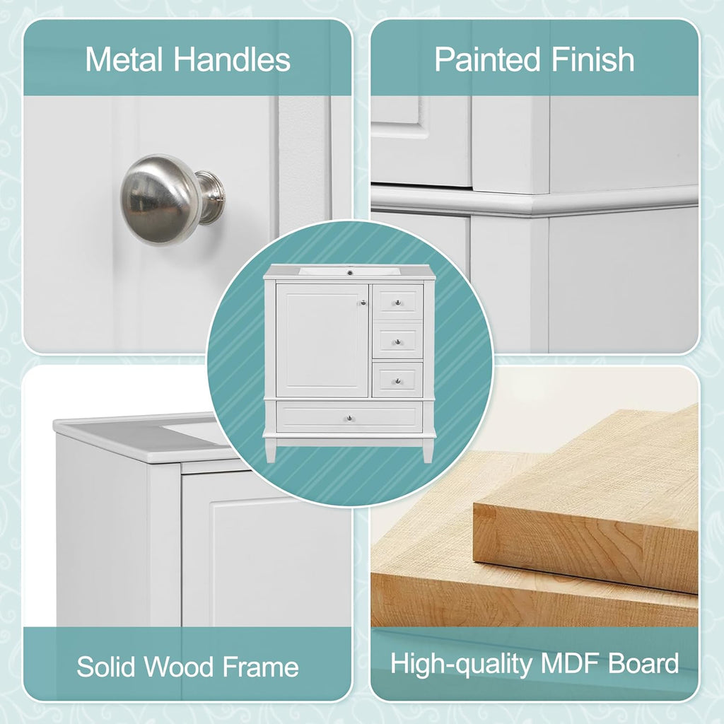 30' Modern Freestanding Bathroom Vanity with Ceramic Sink Top, 3 Drawers & Storage Shelves - MDF & Solid Wood Base