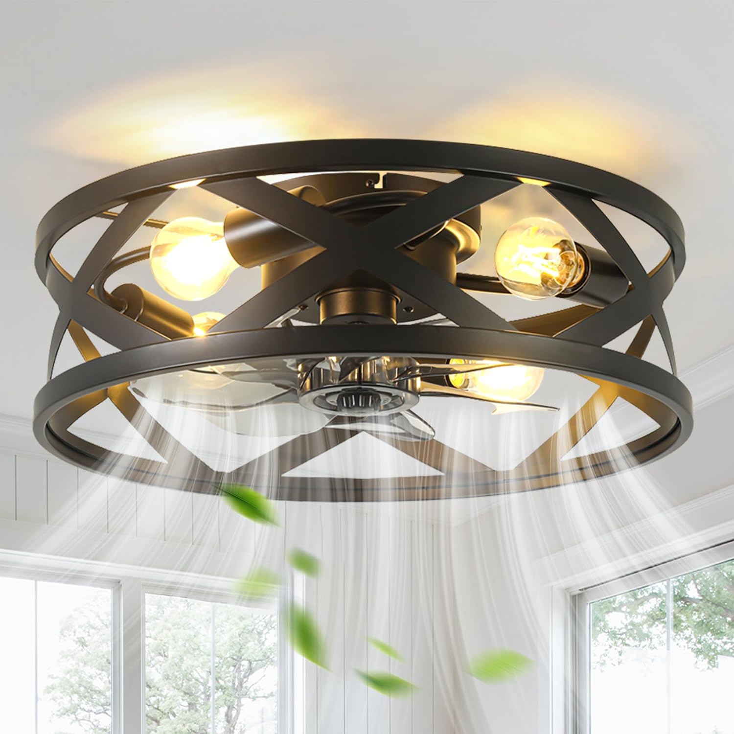 Dawn Whisper 20'' Farmhouse Ceiling Fans with Lights Flush Mount Ceiling Fans with Lights Industrial Black Caged Ceiling Fan with Light for Bedroom Living Room