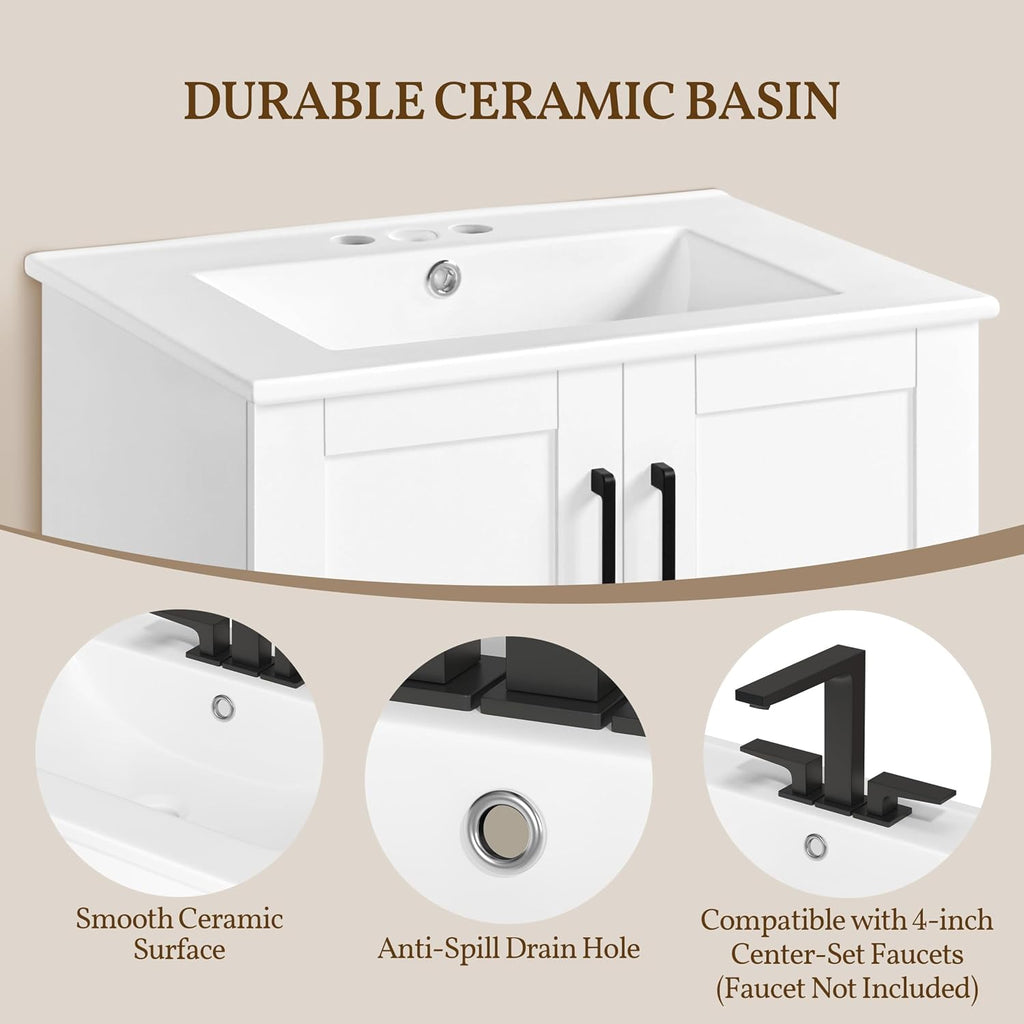 Yaheetech 30' Bathroom Vanity with Ceramic Basin, Freestanding Bathroom Storage Cabinet with 2 Soft-Close Door and 1 Tip-Out Drawer, Undermount Vanity Sink Cabinet, Easy-to-Clean, White