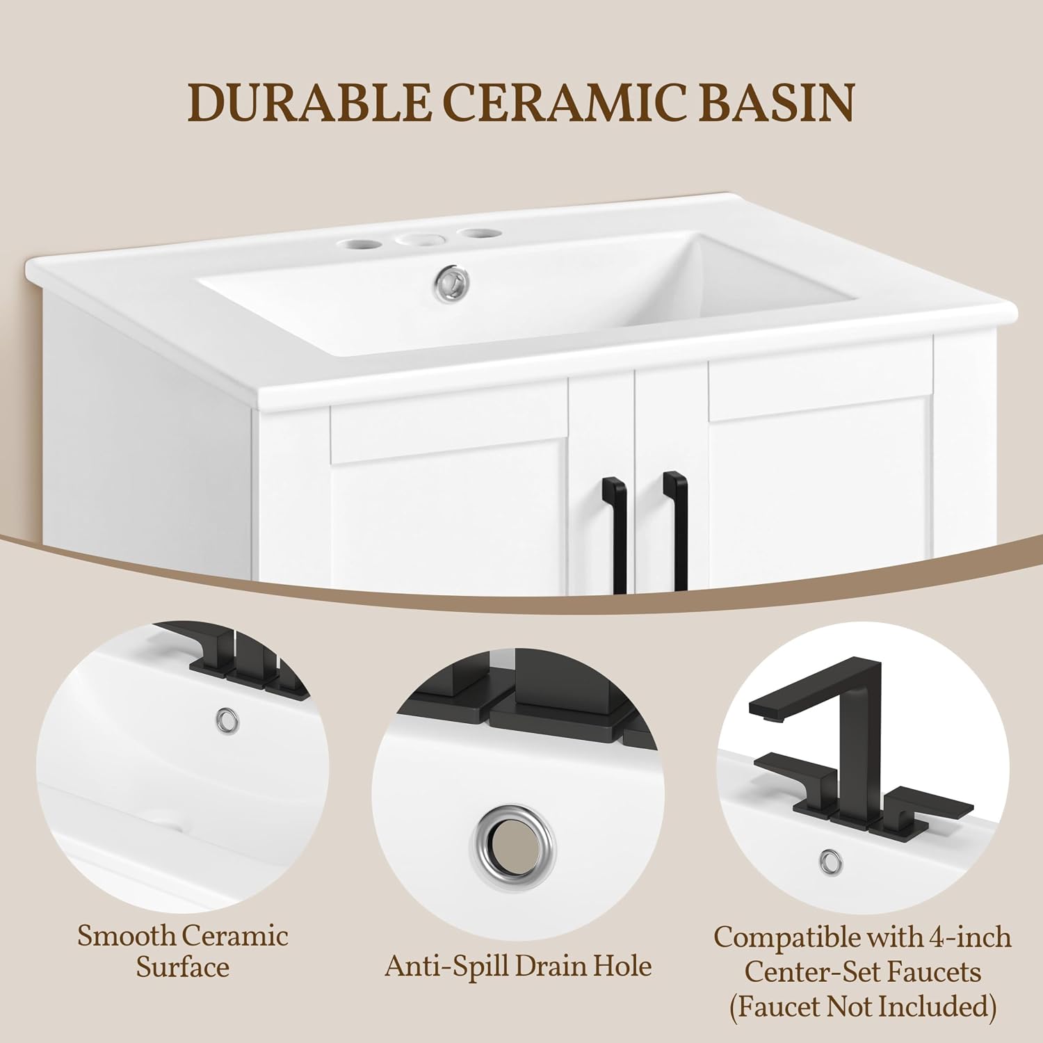 Yaheetech 30' Bathroom Vanity with Ceramic Basin, Freestanding Bathroom Storage Cabinet with 2 Soft-Close Door and 1 Tip-Out Drawer, Undermount Vanity Sink Cabinet, Easy-to-Clean, White