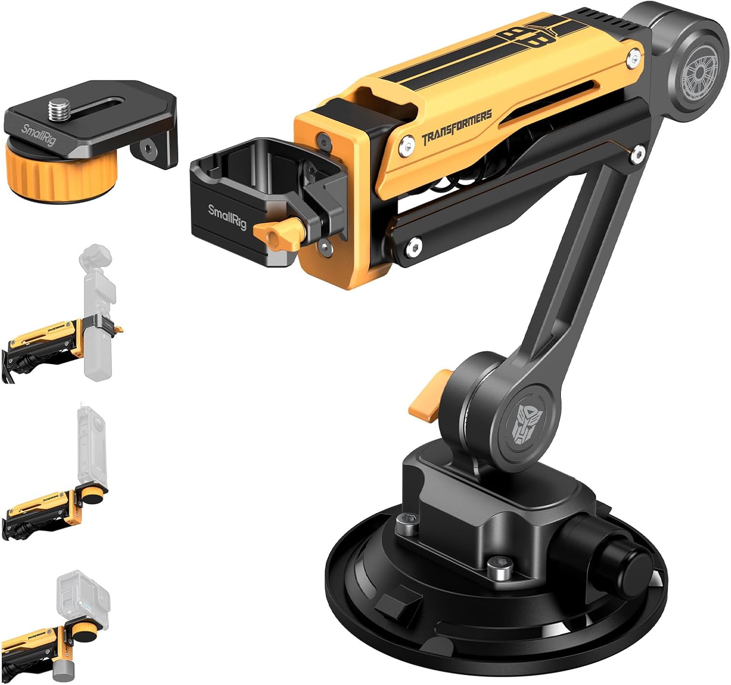 SMALLRIG Mini Shock Absorber Arm, 4' Vacuum Suction Cup, Double Spring and Hydraulic Damping, Car Mount for DJI Action 6/5 Pro/Pocket 3, for GoPro Hero 13/12, for Insta360 X5/4(Bumblebee Edition)-5528