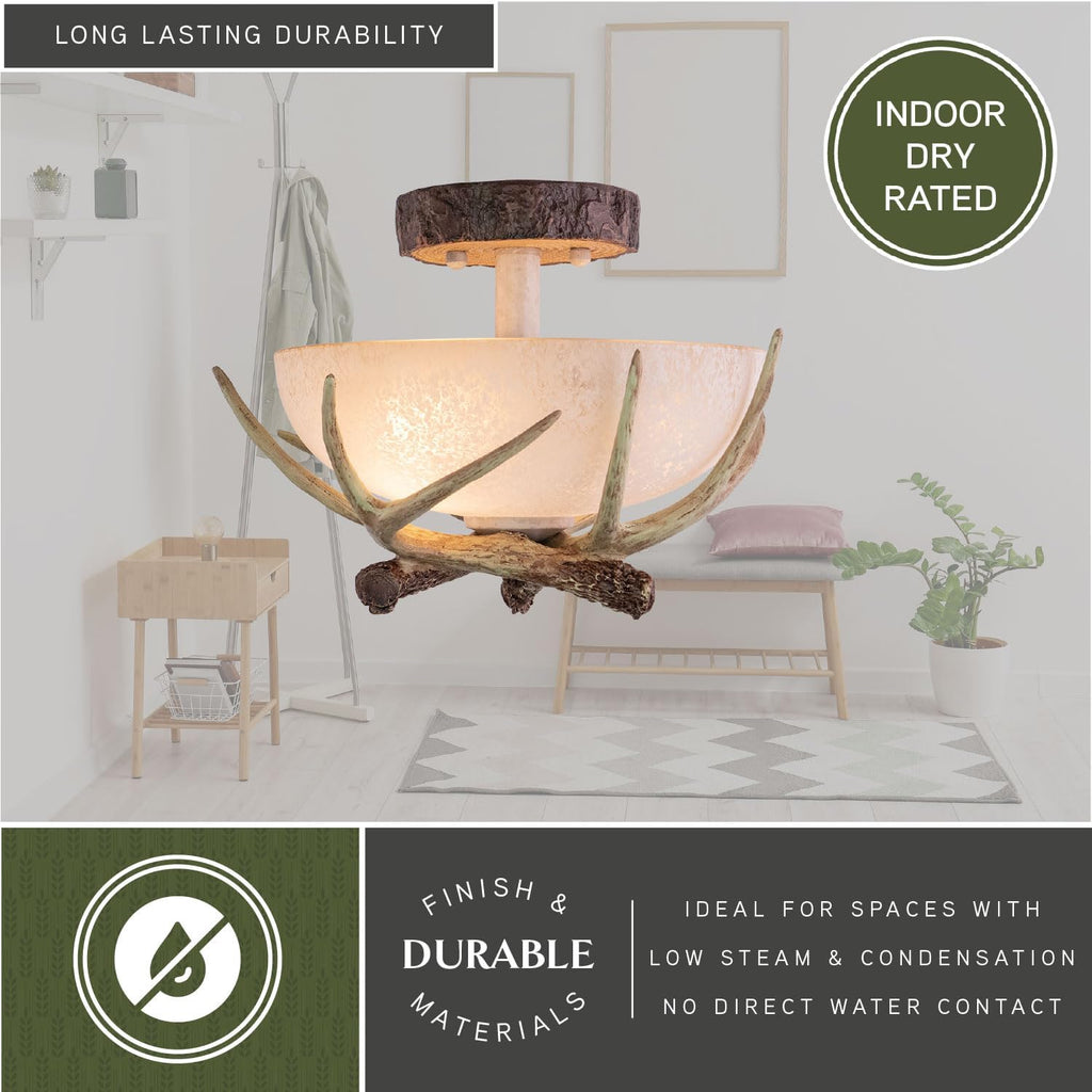 VAXCEL Lodge 12-in W Cream Rustic Antler Bowl Semi Flush Mount Ceiling Light Cream Glass