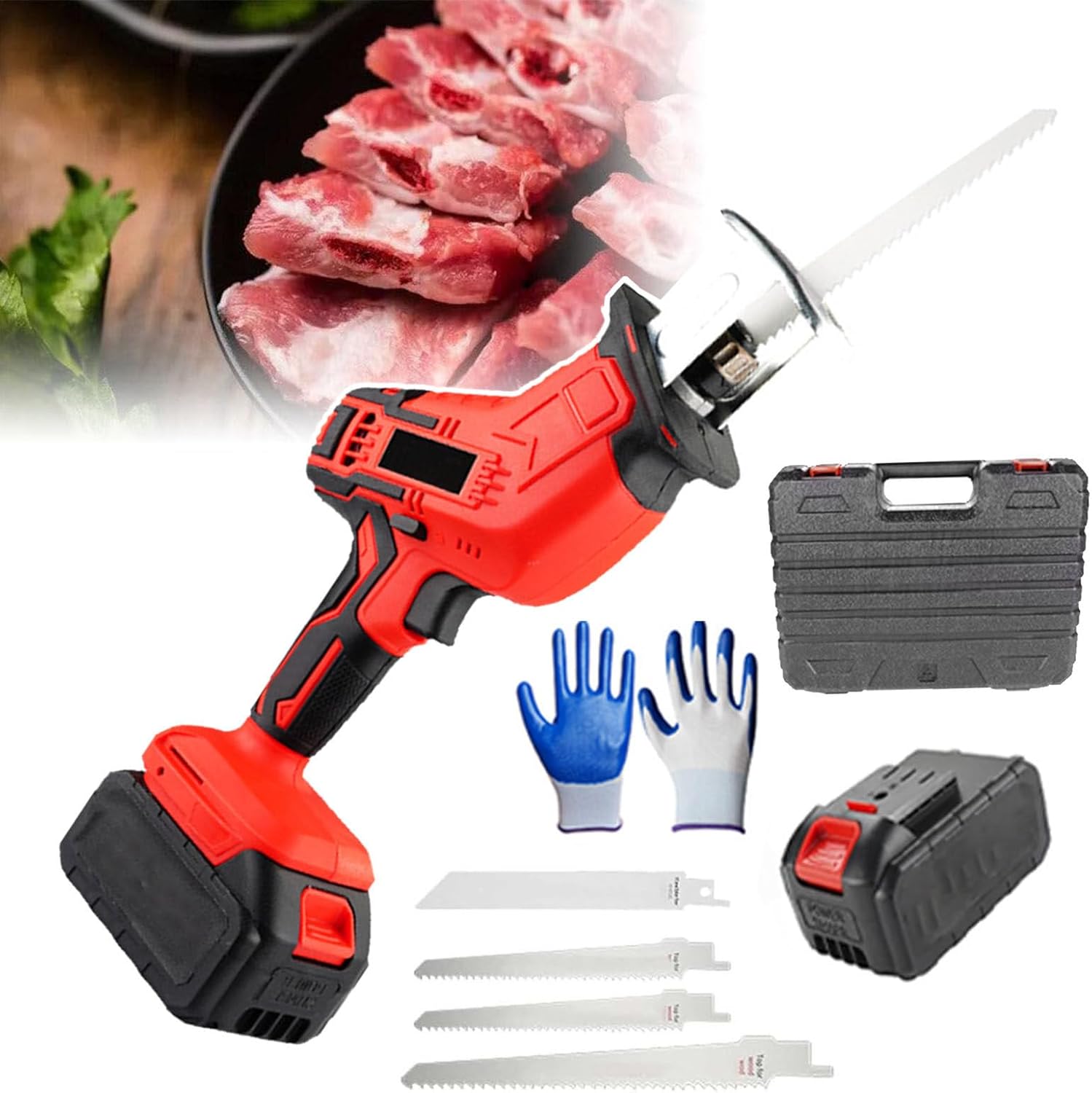 Rechargeable Reciprocating Saw, Electric Bone Cutting Machine, Wood, Metal, Plastic, Branch Cutting Saws, Rubberized Handle, with 4 Saw Blades and 12 Pairs of Gloves