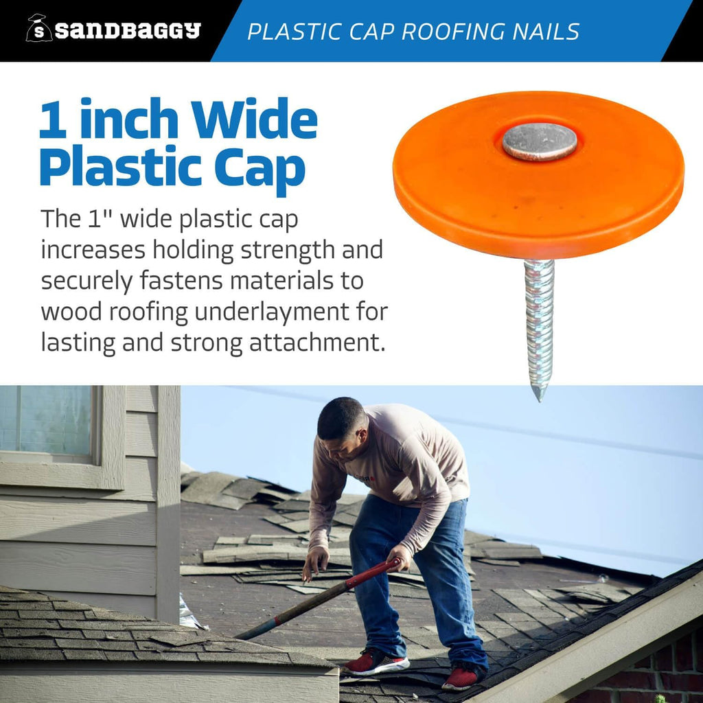 Sandbaggy 1' Plastic Cap Roofing Nails - Ring Shank, Electro Galvanized - Roof Underlayment, Felt Paper, House Wrap, Tar Paper (42000)