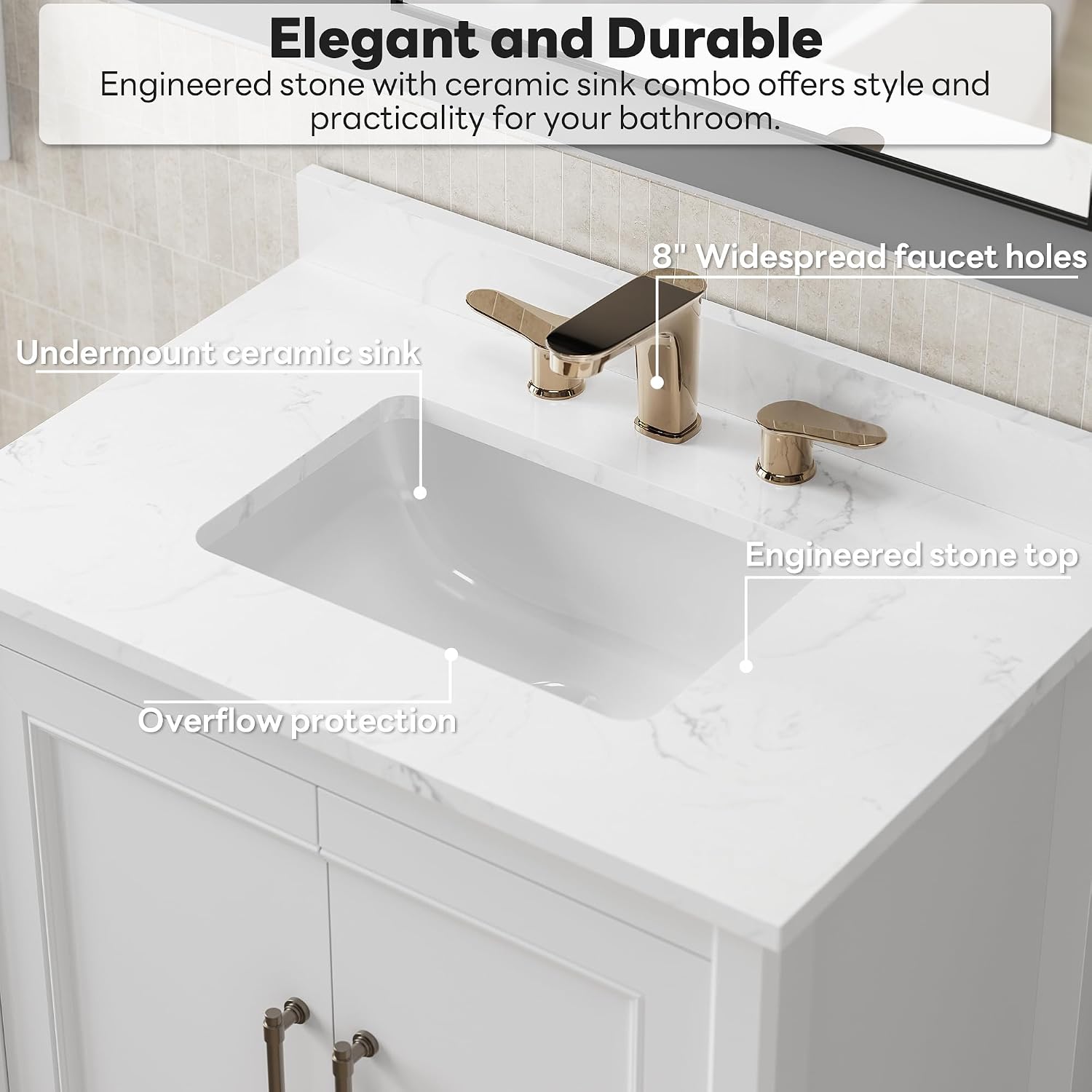 LIKIMIO 30' Bathroom Vanity with Sink, Freestanding Bathroom Vanity with 2 Soft-Close Doors, Engineered Stone Countertop with Undermount Ceramic Sink, Modern Bathroom Vanity, Easy Assembly, White
