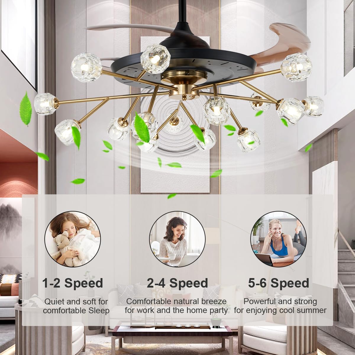 42' Modern Sputnik Fandelier Ceiling Fan with Light, 15-Light Brass Crystal Chandelier Fan with Remote Control Retractable 6 Speed Reversible Motor for Bedroom Living Dining Room
