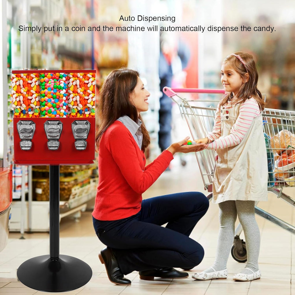 Candy Vending Machine, Candy Machine Dispenser with Stand Anti Theft Keys Triple Individual Candy Boxes, for Toy Capsules Bouncy Balls Candy Nut