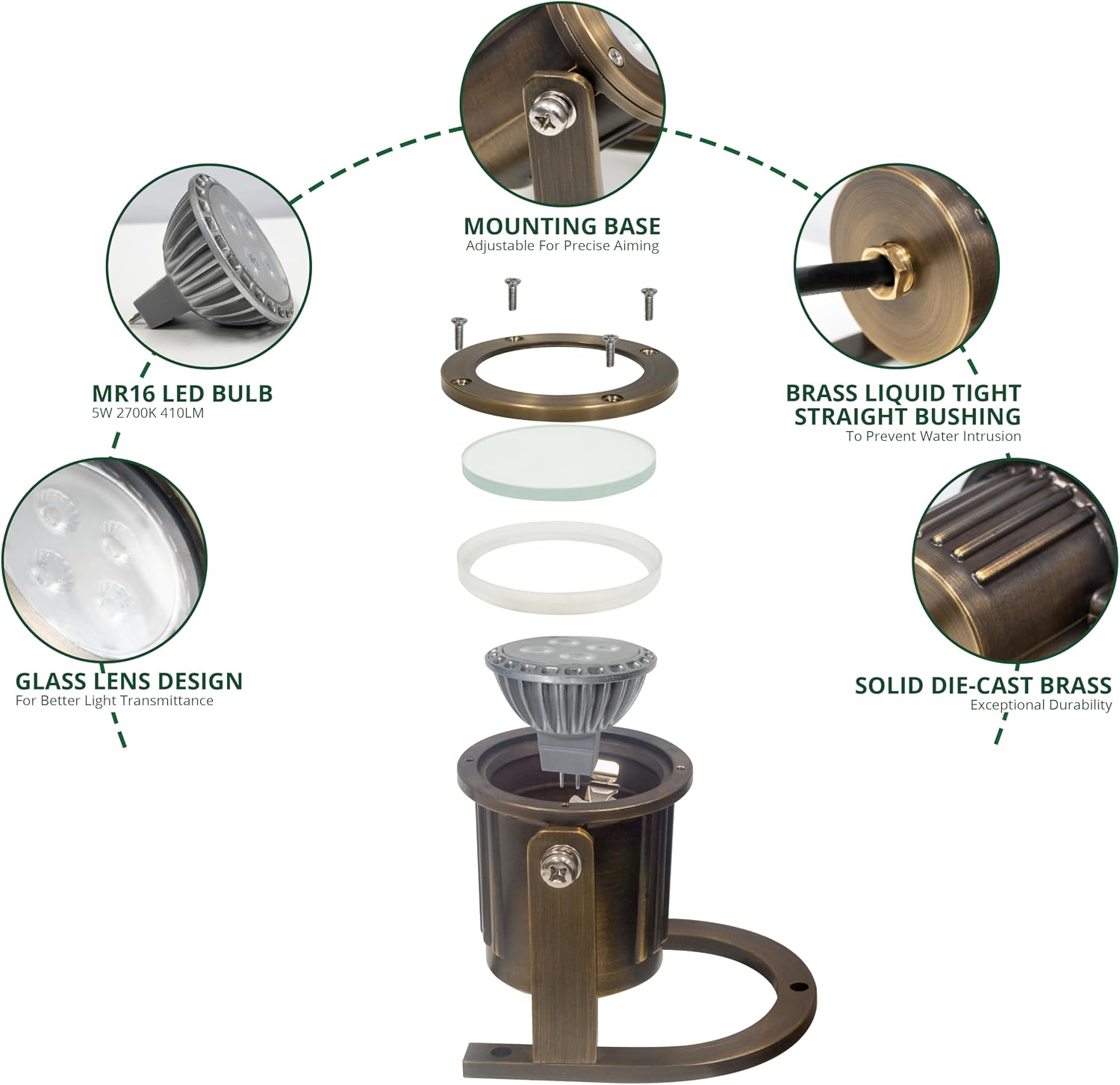 GKOLED 8Pack Solid Brass Underwater Light, Low Voltage LED Pond Lights, Submersible Fountain Lighting with 5W 2700K 410LM MR16 Bulb, 9-15V AC/DC Outdoor Landscape Light, IP68 Rated Pool Spotlights