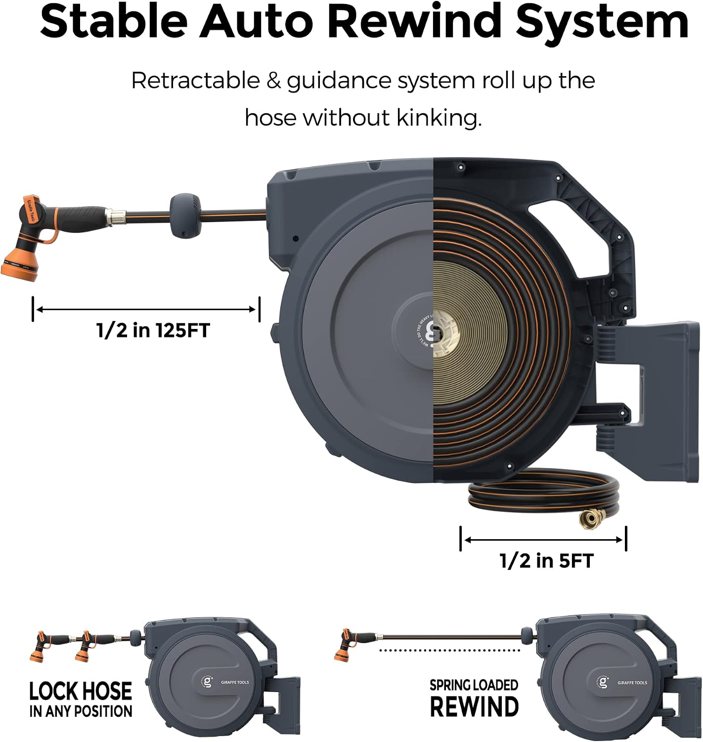 Giraffe Tools Retractable Hose Reel 1/2 in x130 FT PRO Metal Bracket Wall Mounted Heavy Duty Hose Reel with 9 Pattern Nozzle 180 Deg Swivel, Metal Bracket Any Length Lock (1/2 130FT PRO, Dark Grey)
