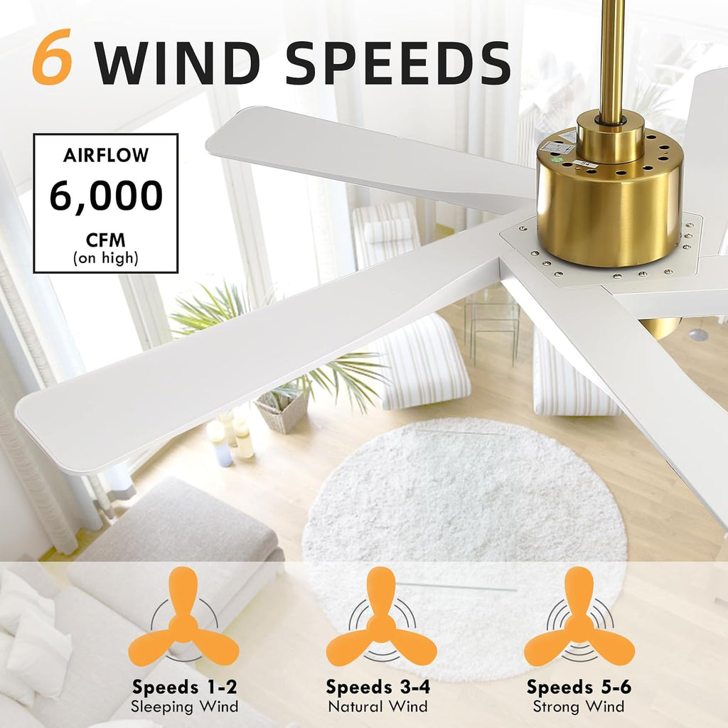 WINGBO 54' ABS DC Ceiling Fan with Lights, 5 Blade ABS Plastic Ceiling Fan with Remote, 6-Speed Reversible DC Motor, LED Ceiling Fans for Kitchen Bedroom Living Room, Brass and White