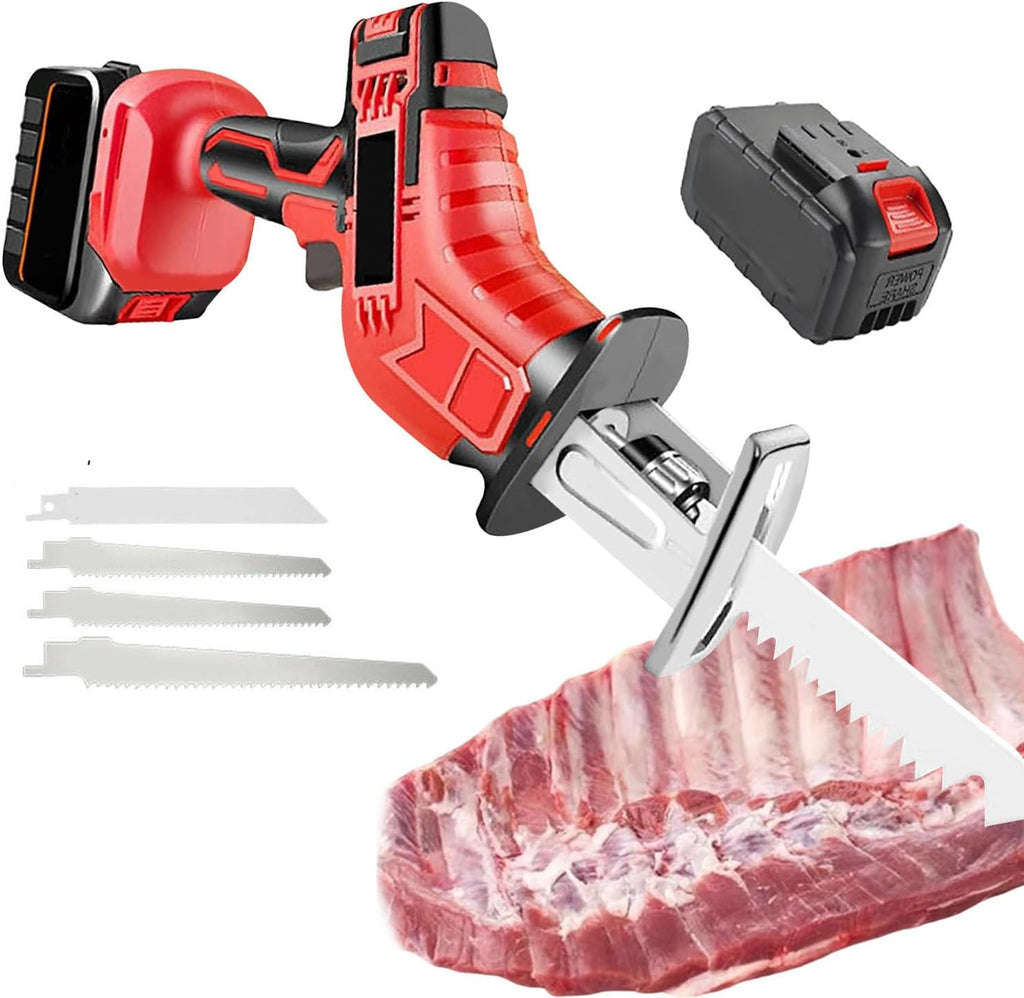 Cordless Reciprocating Saw, Butcher Saw with LED Light, Electric Hand Bone Saw, for Bone/Meat/Wood/Metal/PVC Cuting, 4PCS Saw Blade