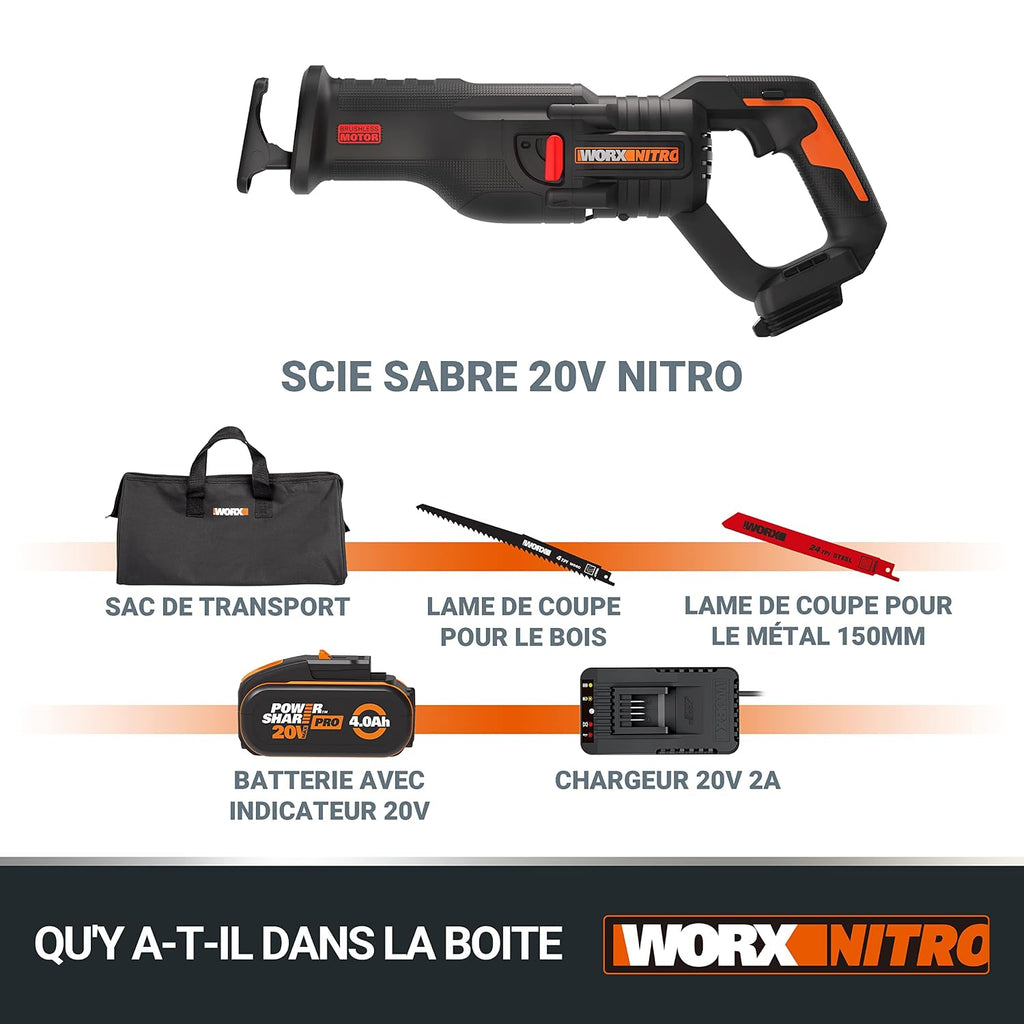 WORX 20V WX516 Cordless Sabre Saw, 29 mm Stroke, Up to 300 mm, Brushless Motor, Multi-Material, Variable Speed, Lightweight and Ergonomic, with 1 x 4Ah Battery and Charger