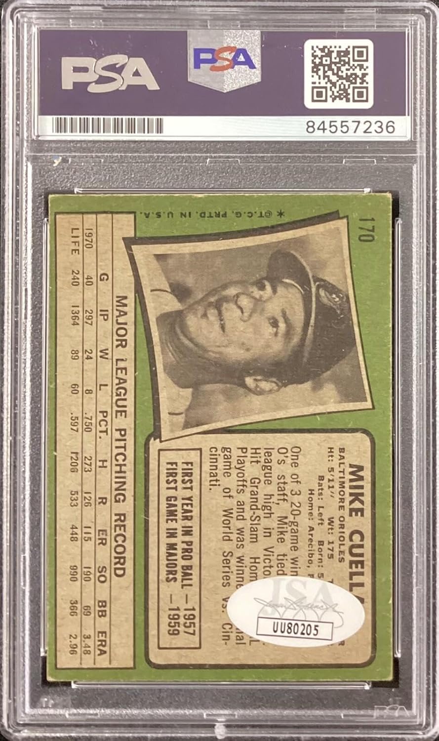 Mike Cuellar Signed 1971 Topps #170 Baseball Card Orioles PSA/DNA Auto Gem Mt 10 - Baseball Slabbed Autographed Cards