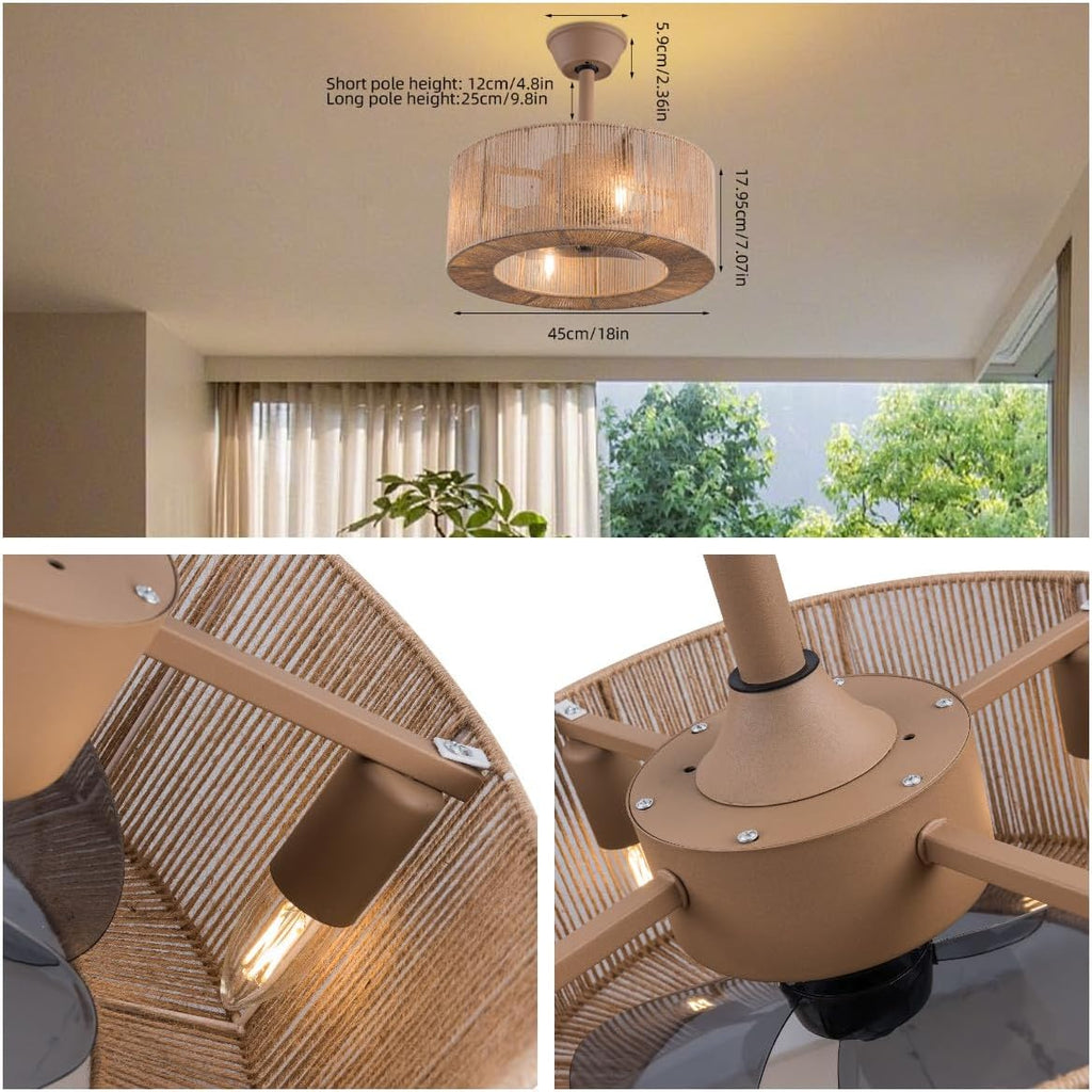 LOYALHEARTDY Boho Ceiling Fan With Light and Remote 18'' 3-speed Fringe Tassel Caged Ceiling Fan Modern Downrod Mount Bladeless Ceiling Fan Kids Fan, Hemp Rope Fringe Tassel Lampshade (FG87GRWEOUERR)