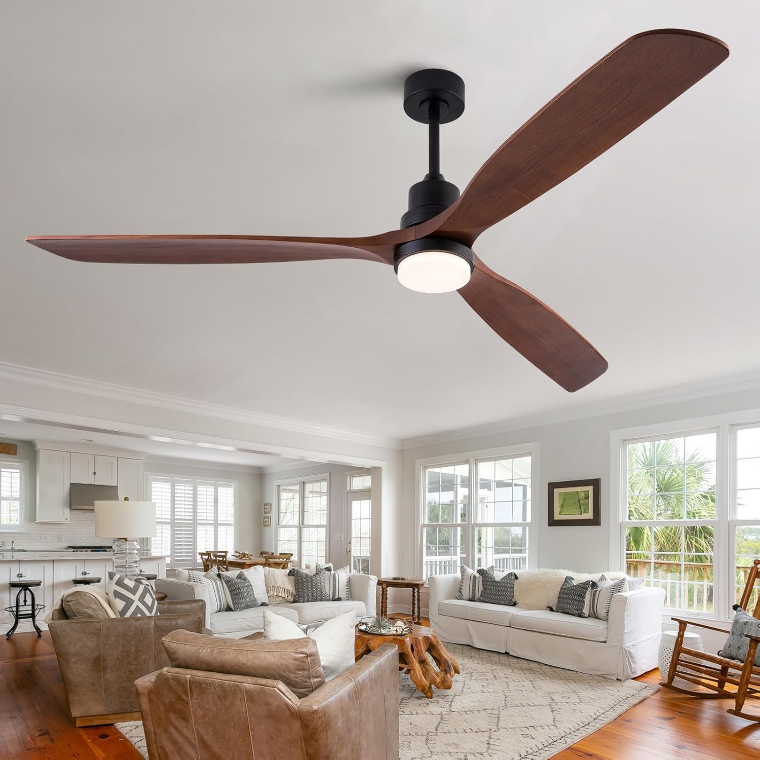 Ceiling Fans with Lights and Remote 72 inch 3 Blades Farmhouse Large Ceiling Fan, Black Ceiling Fan lights for Living Room Basement Sunroom Porch Patio, 6-Speed Remote Control