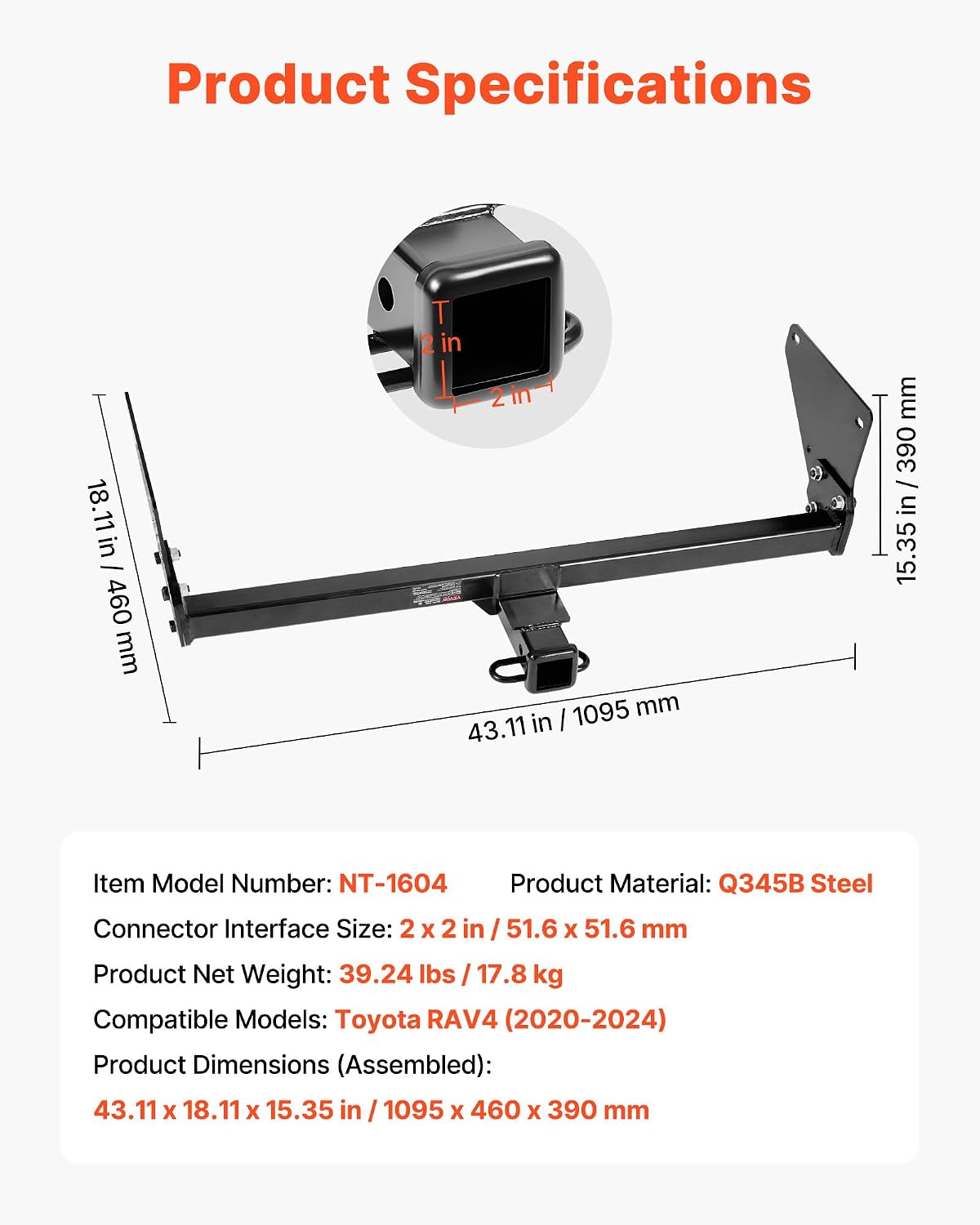 VEVOR Class 3 Trailer Hitch, 2-Inch Receiver, 6000 lbs, Q345B Steel Tube Frame, Compatible with 2020-2024 Toyota RAV4, Multi-Fit Hitch to Receive Ball Mount, Cargo Carrier, Bike Rack, Tow Hook, Black