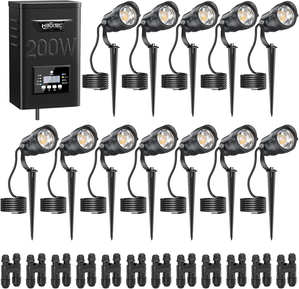 HIBOITEC 12W Landscape Lighting Kit with 200W Low Voltage Transformer, Dusk to Dawn & Timer, 2900K Wired Waterproof LED Outdoor Spotlights for Yard Garden Tree House, Wire Sold Separately, 12 Packs