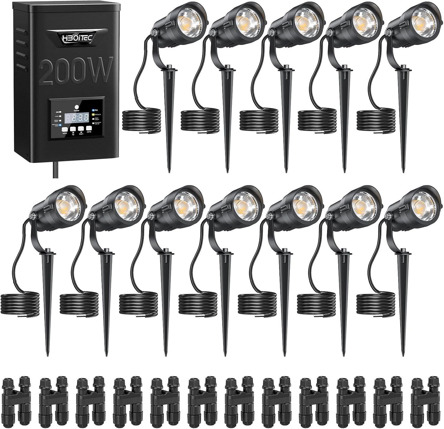 HIBOITEC 12W Landscape Lighting Kit with 200W Low Voltage Transformer, Dusk to Dawn & Timer, 2900K Wired Waterproof LED Outdoor Spotlights for Yard Garden Tree House, Wire Sold Separately, 12 Packs