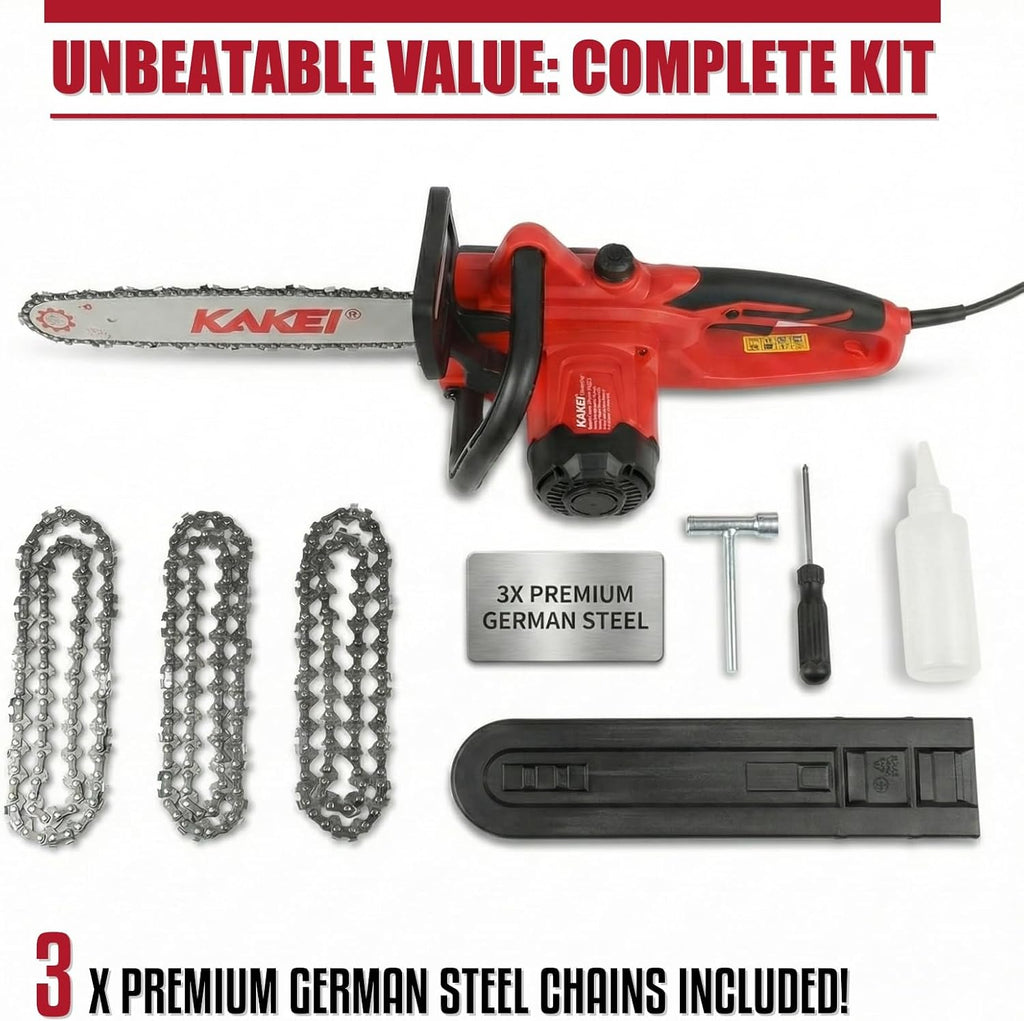 KAKEI 16-Inch 15-Amp Electric Chainsaw, 2200W Peak Power Corded Chain Saw with 3 German Steel Chains for Heavy Duty Wood Cutting