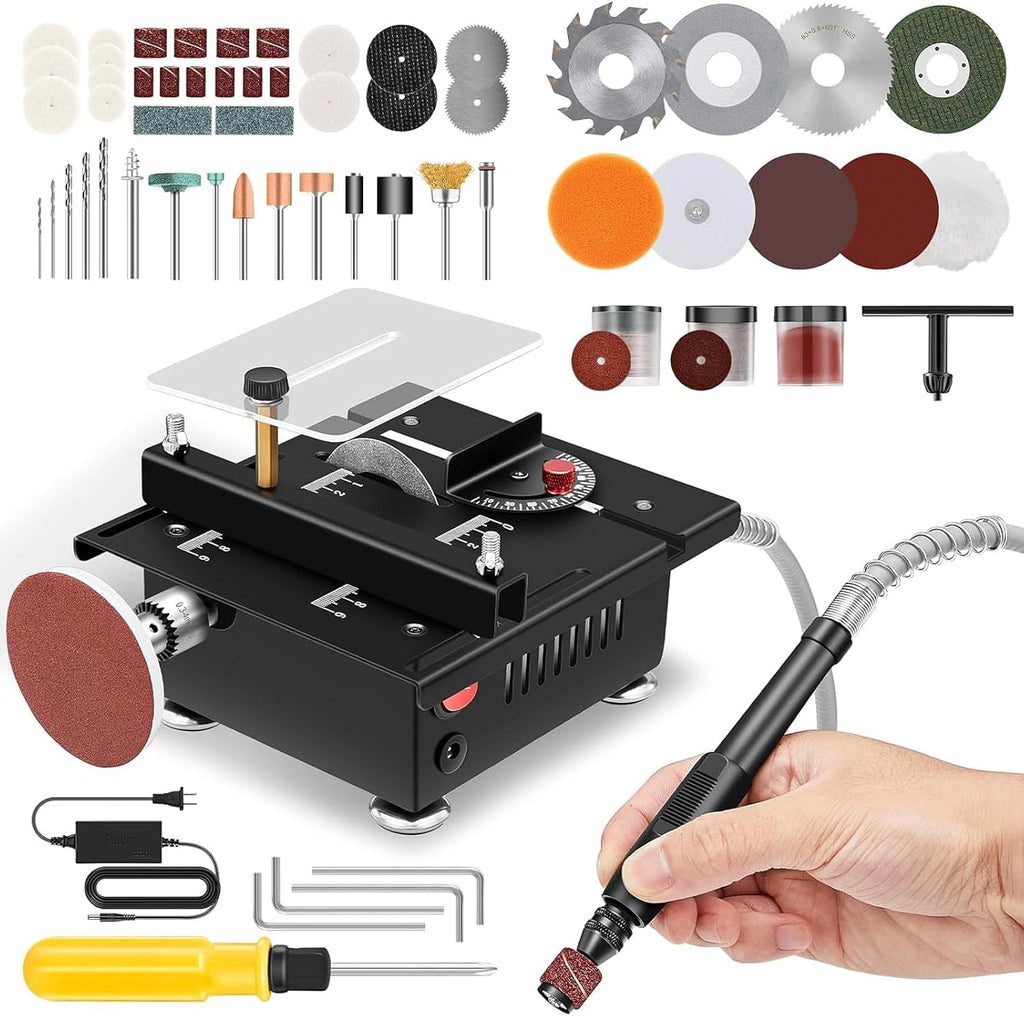 Upgraded 400W Mini Table Saw, Desktop Electric Saw for Crafts, Speed & Angle Adjustable, Cutting/Sanding/Engraving/Drilling All-in-One for DIY Wood/PCB/Acrylic/Plastic (0-30mm Liftable, Black)