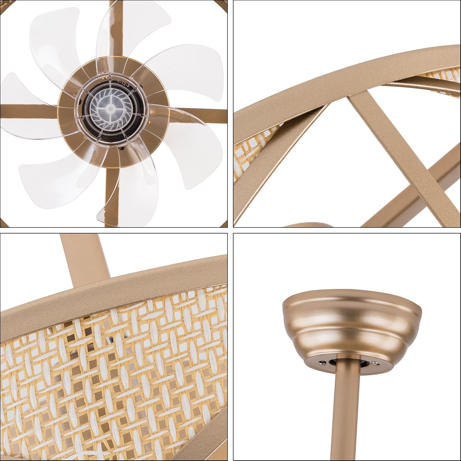 LOYALHEARTDY Gold Fandelier 18in 6-Speed Enclosed Caged Ceiling Fan With Lights Remote Control Antique Boho Rattan Light Downrod Mount, URF4I86GRFI8W
